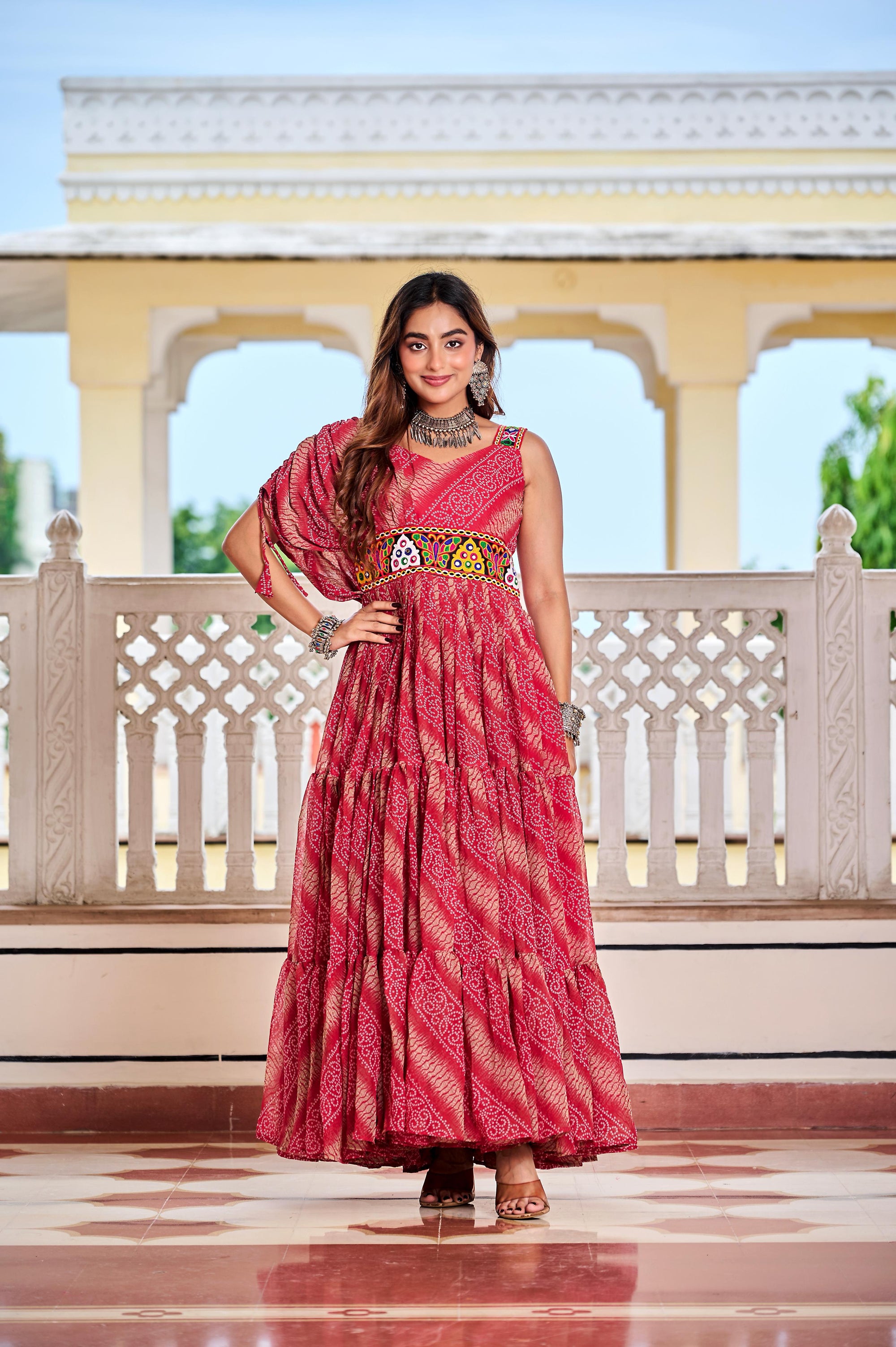 Maroon Navratri Dress With Big Flair Bandhani Print and Gamathi Real Mirror