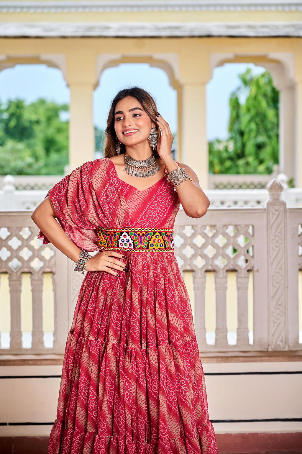 Maroon Navratri Dress With Big Flair Bandhani Print and Gamathi Real Mirror