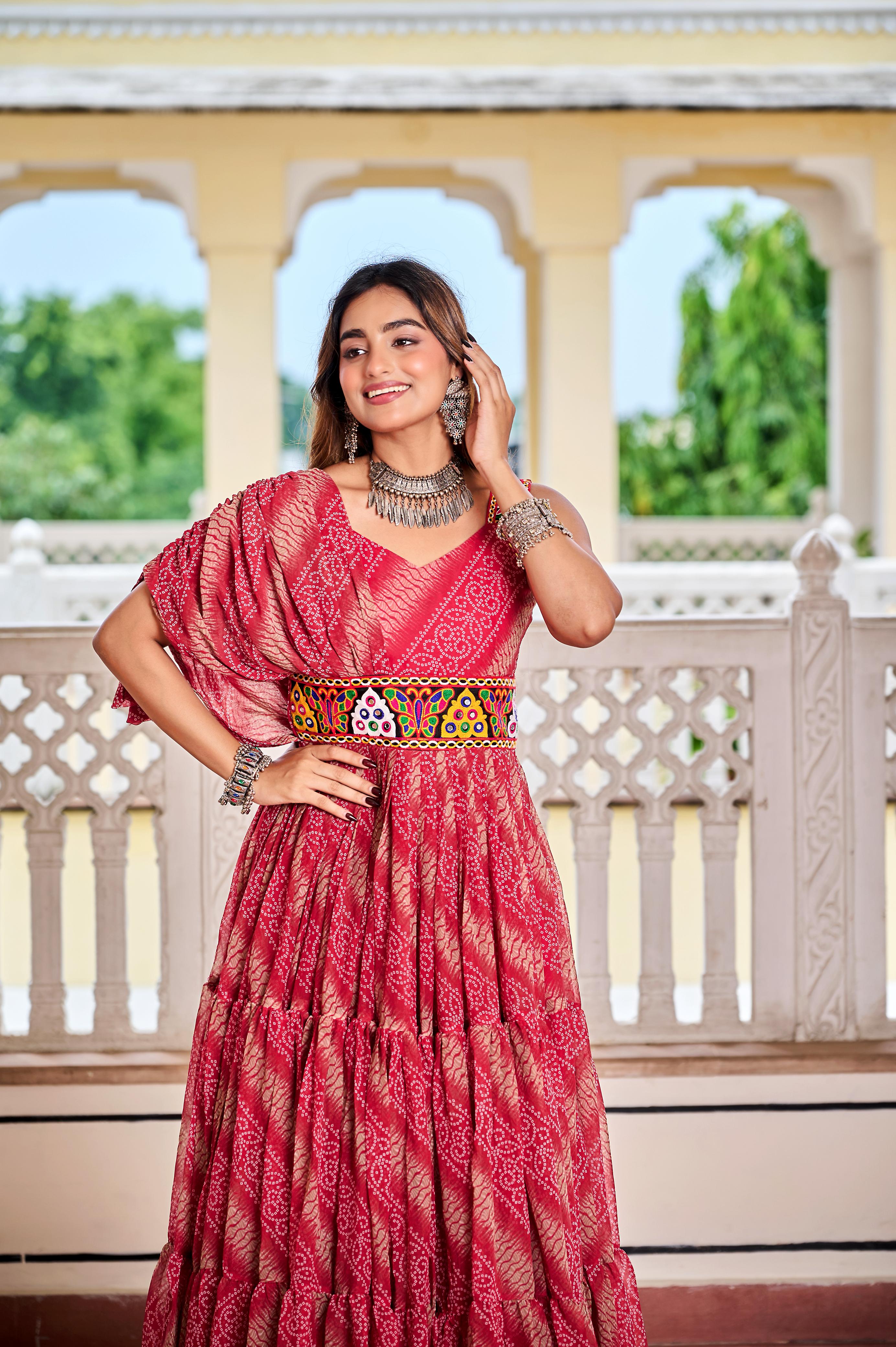 Maroon Navratri Dress With Big Flair Bandhani Print and Gamathi Real Mirror