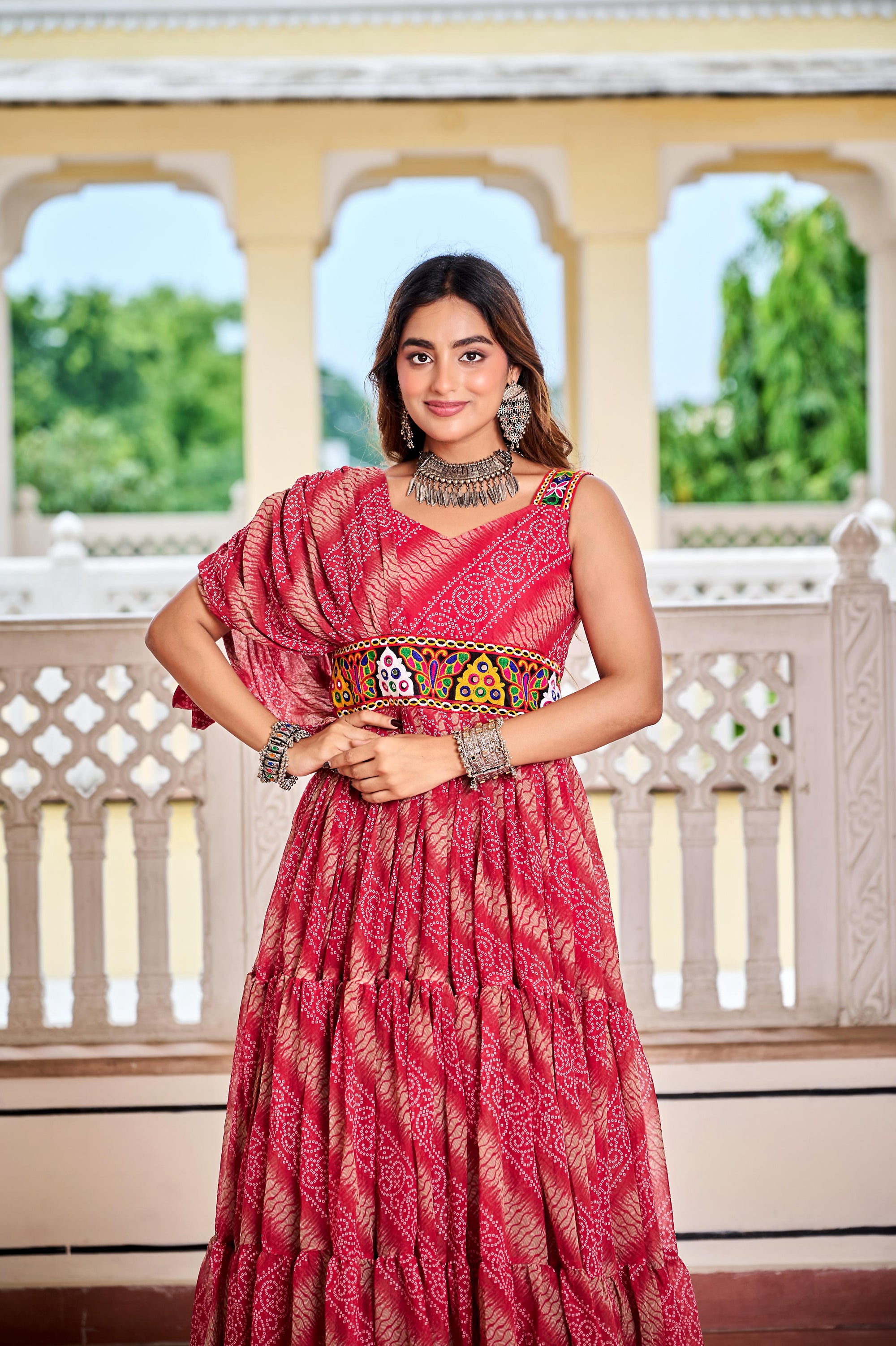 Maroon Navratri Dress With Big Flair Bandhani Print and Gamathi Real Mirror