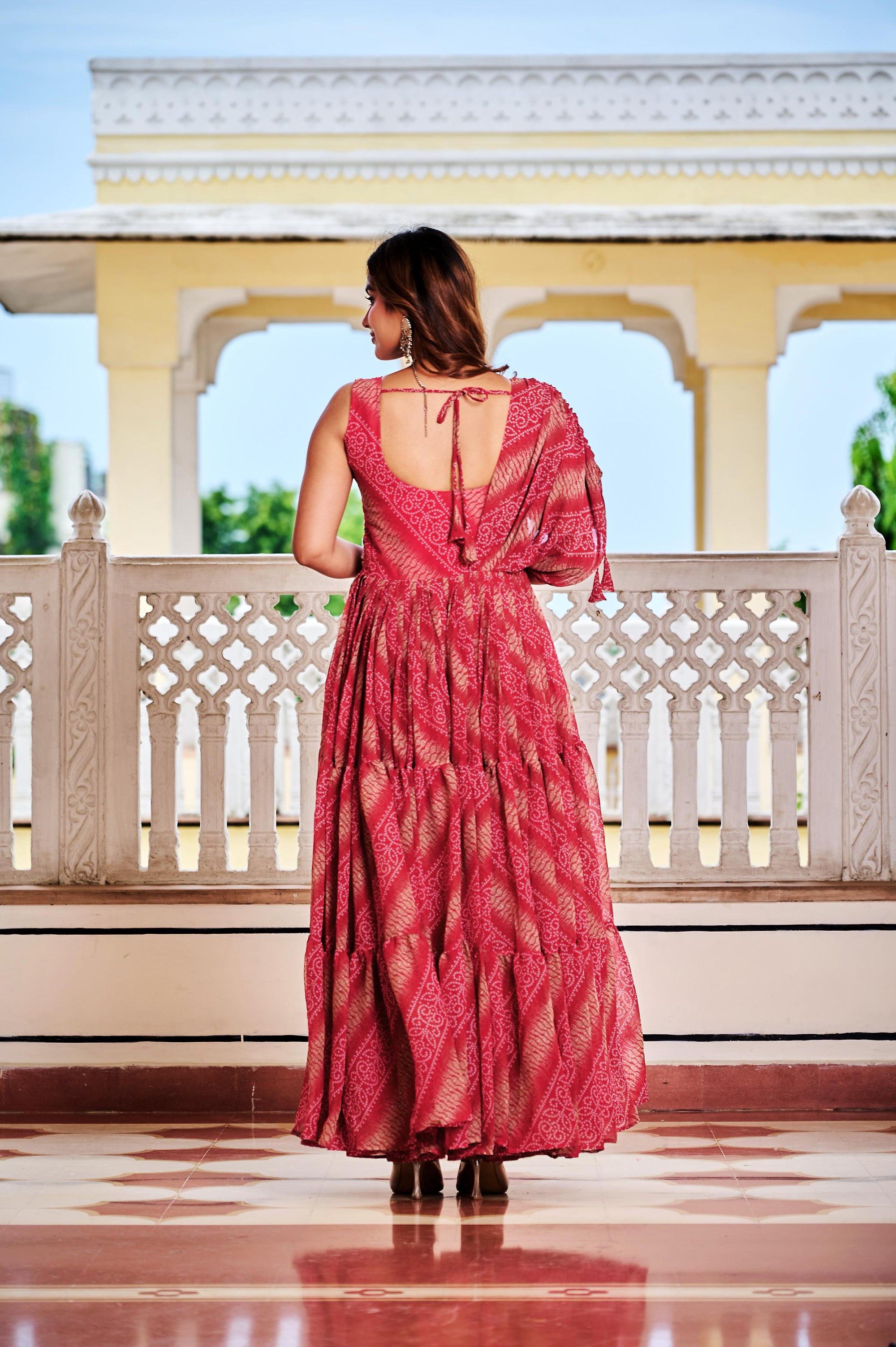 Maroon Navratri Dress With Big Flair Bandhani Print and Gamathi Real Mirror
