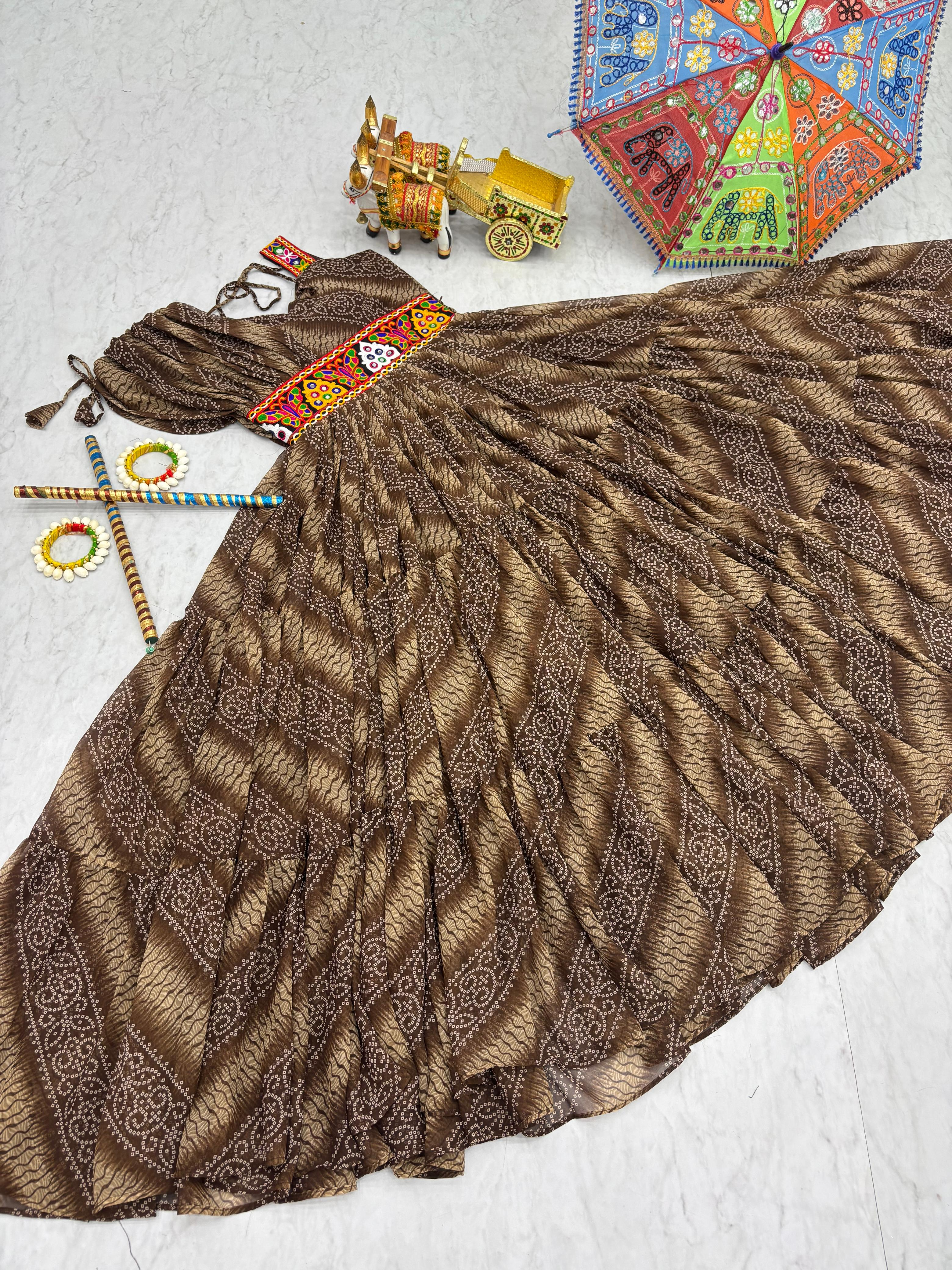 Coffee Navratri Dress With Big Flair Bandhani Print and Gamathi Real Mirror