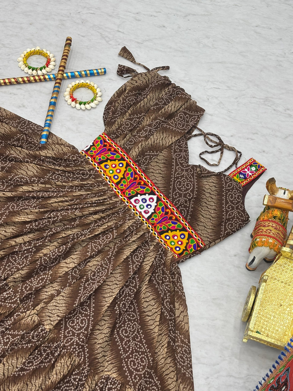 Coffee Navratri Dress With Big Flair Bandhani Print and Gamathi Real Mirror
