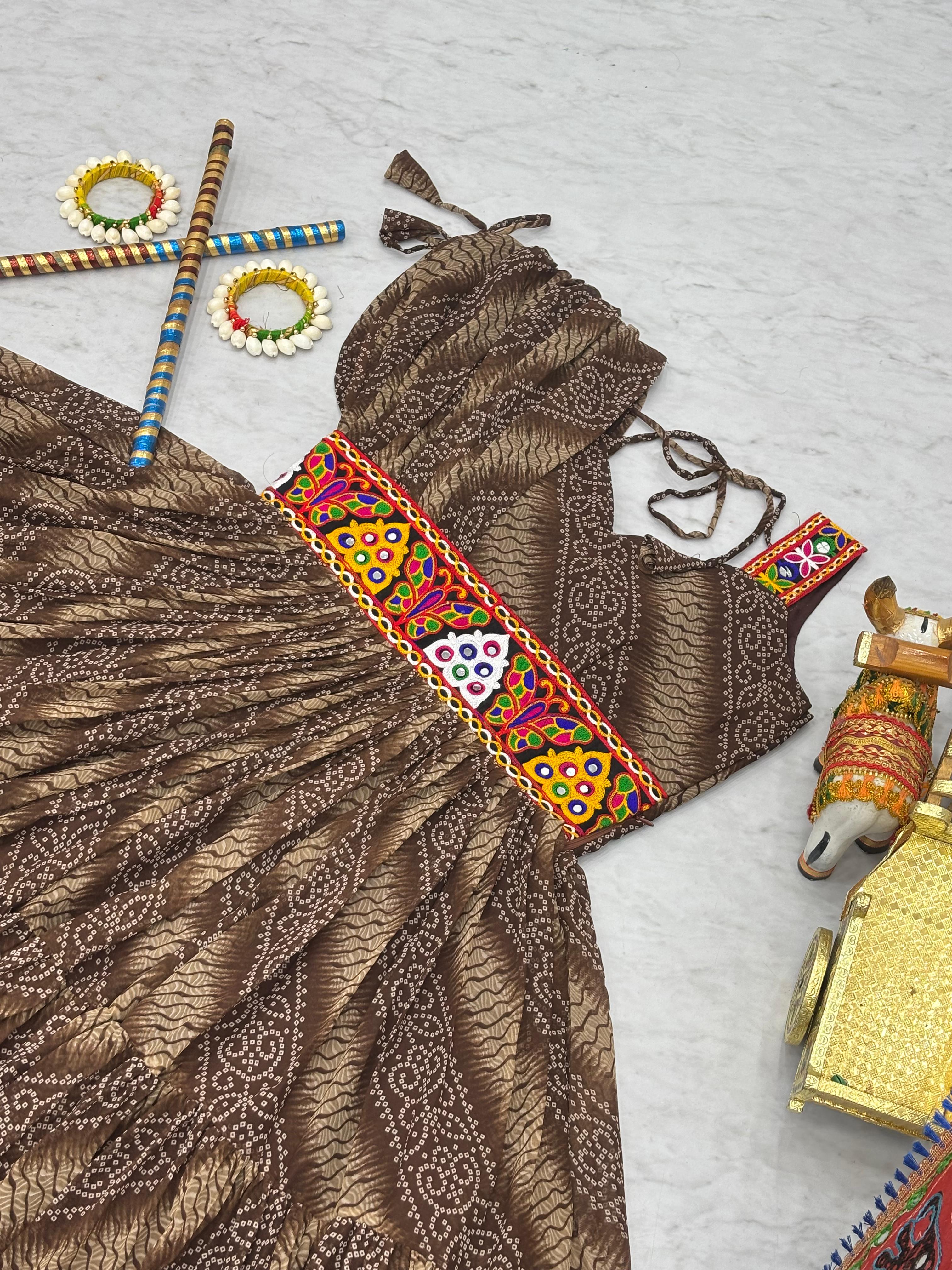 Coffee Navratri Dress With Big Flair Bandhani Print and Gamathi Real Mirror