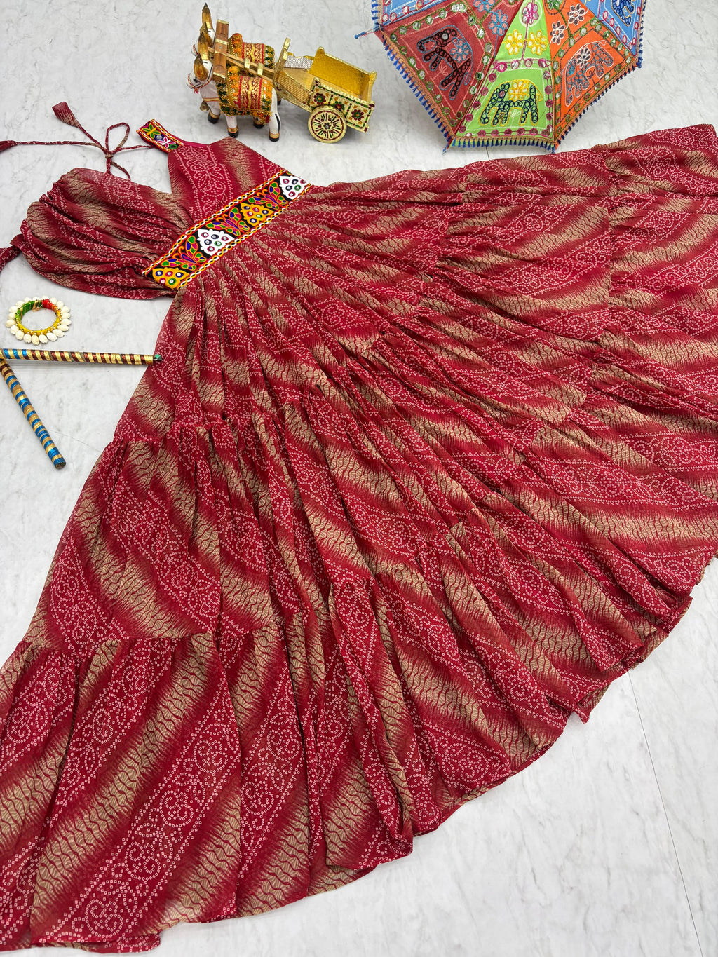 Maroon Navratri Dress With Big Flair Bandhani Print and Gamathi Real Mirror