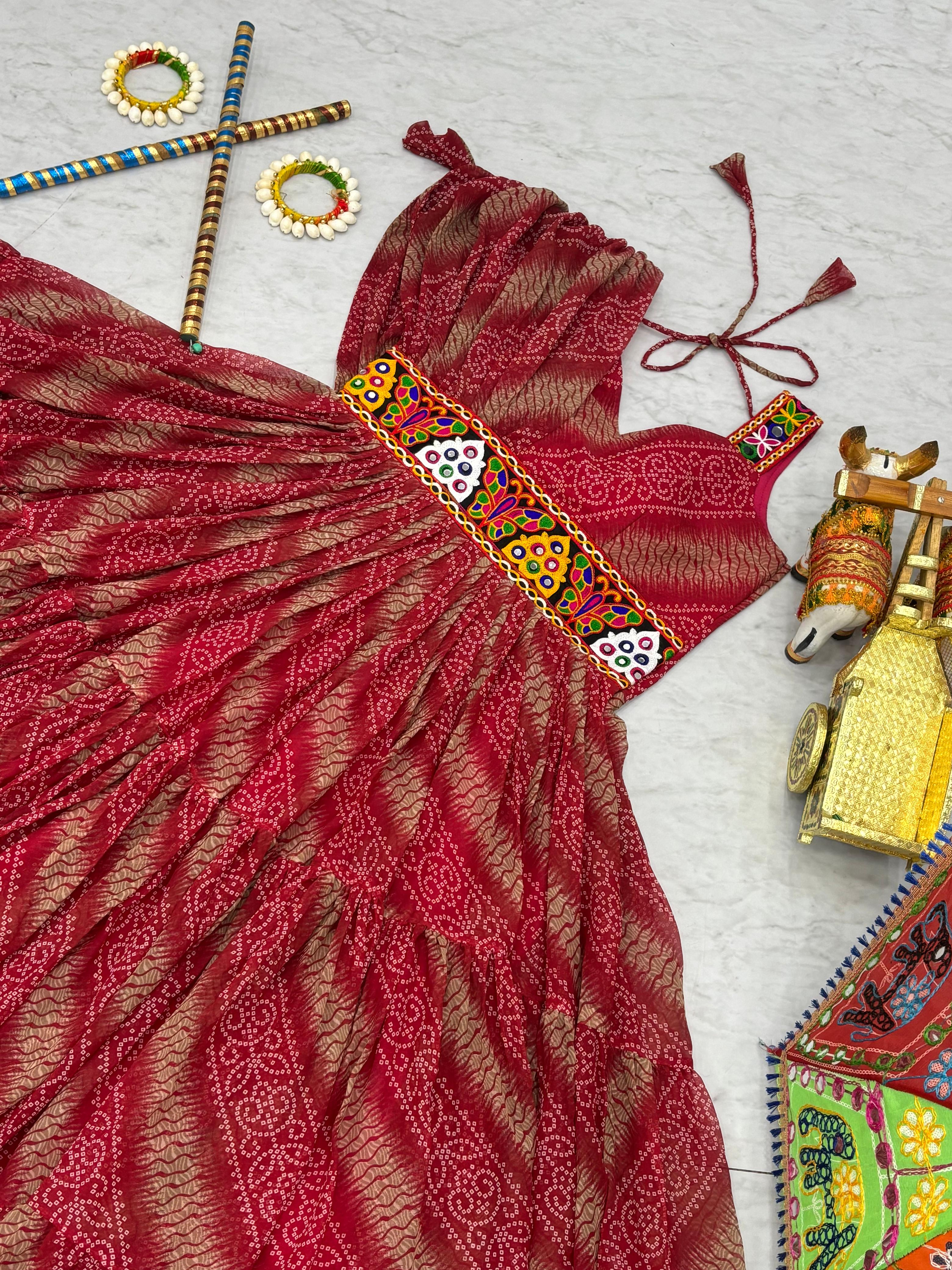 Maroon Navratri Dress With Big Flair Bandhani Print and Gamathi Real Mirror