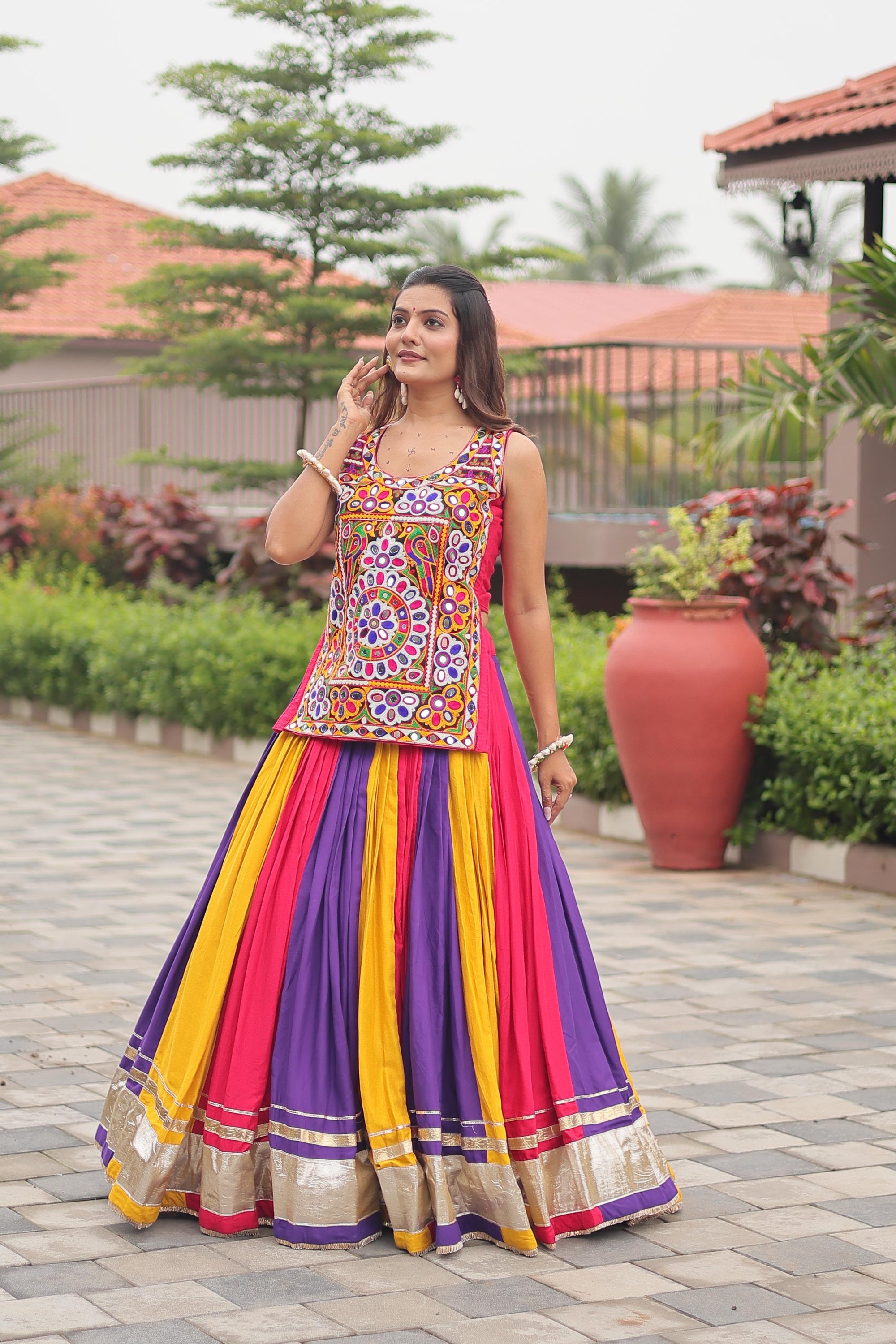 Gamthi Work Navratri Lehenga Choli Multi Color Cotton Traditional Set
