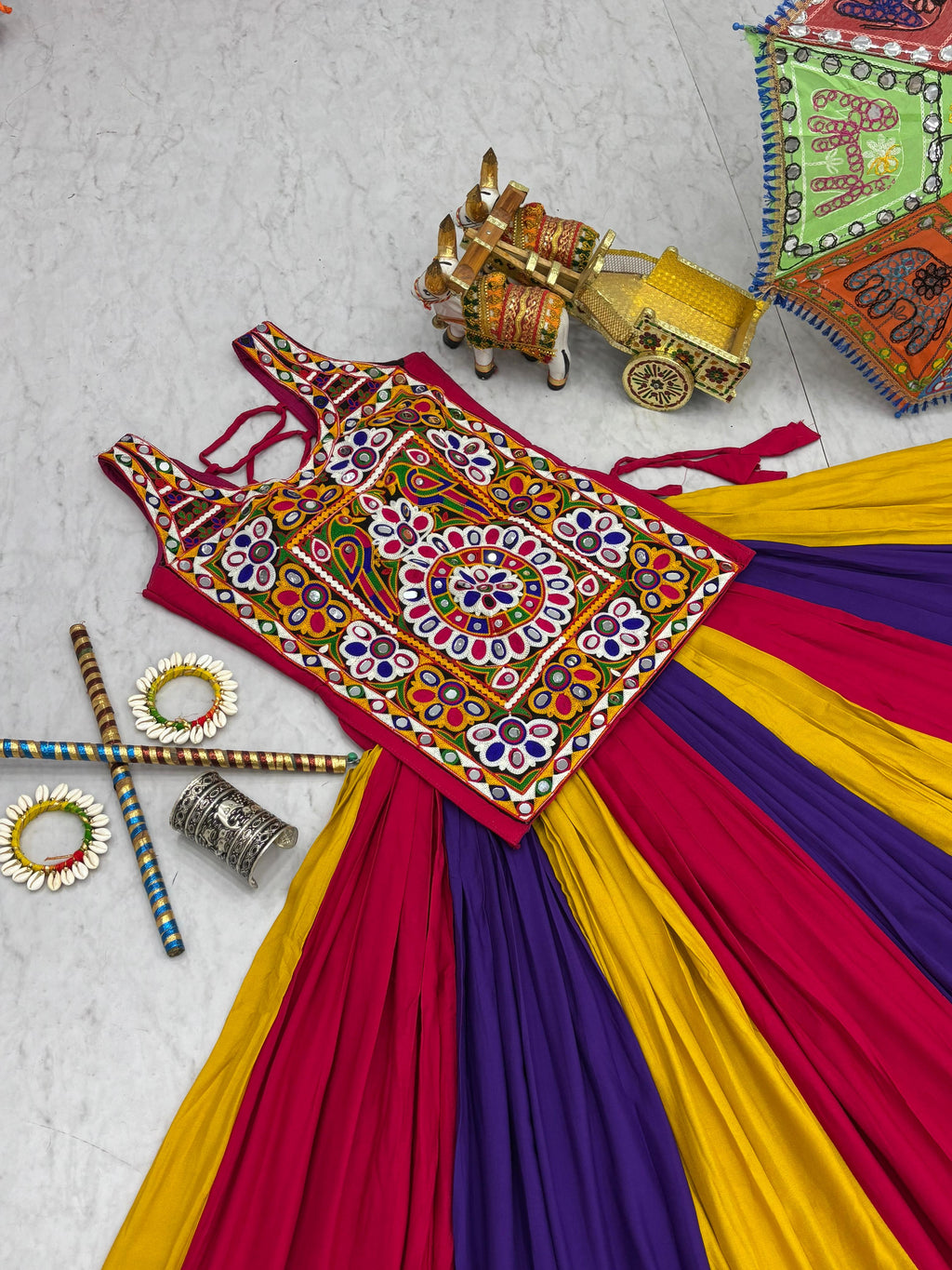 Gamthi Work Navratri Lehenga Choli Multi Color Cotton Traditional Set