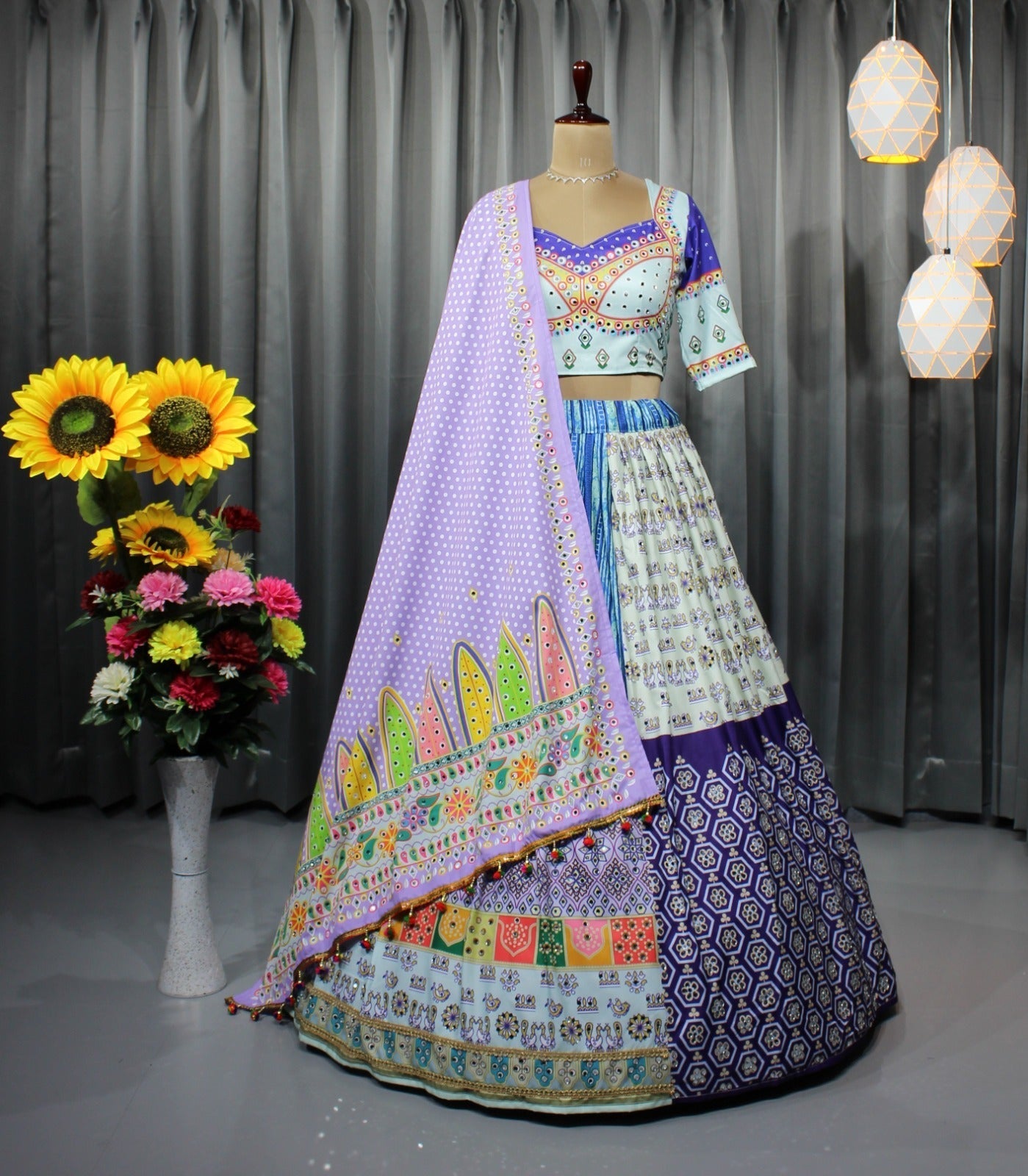 MultiColor Soft Butter Silk Chaniya Choli | Fancy Digital with Real Mirror Work for Traditional Wear
