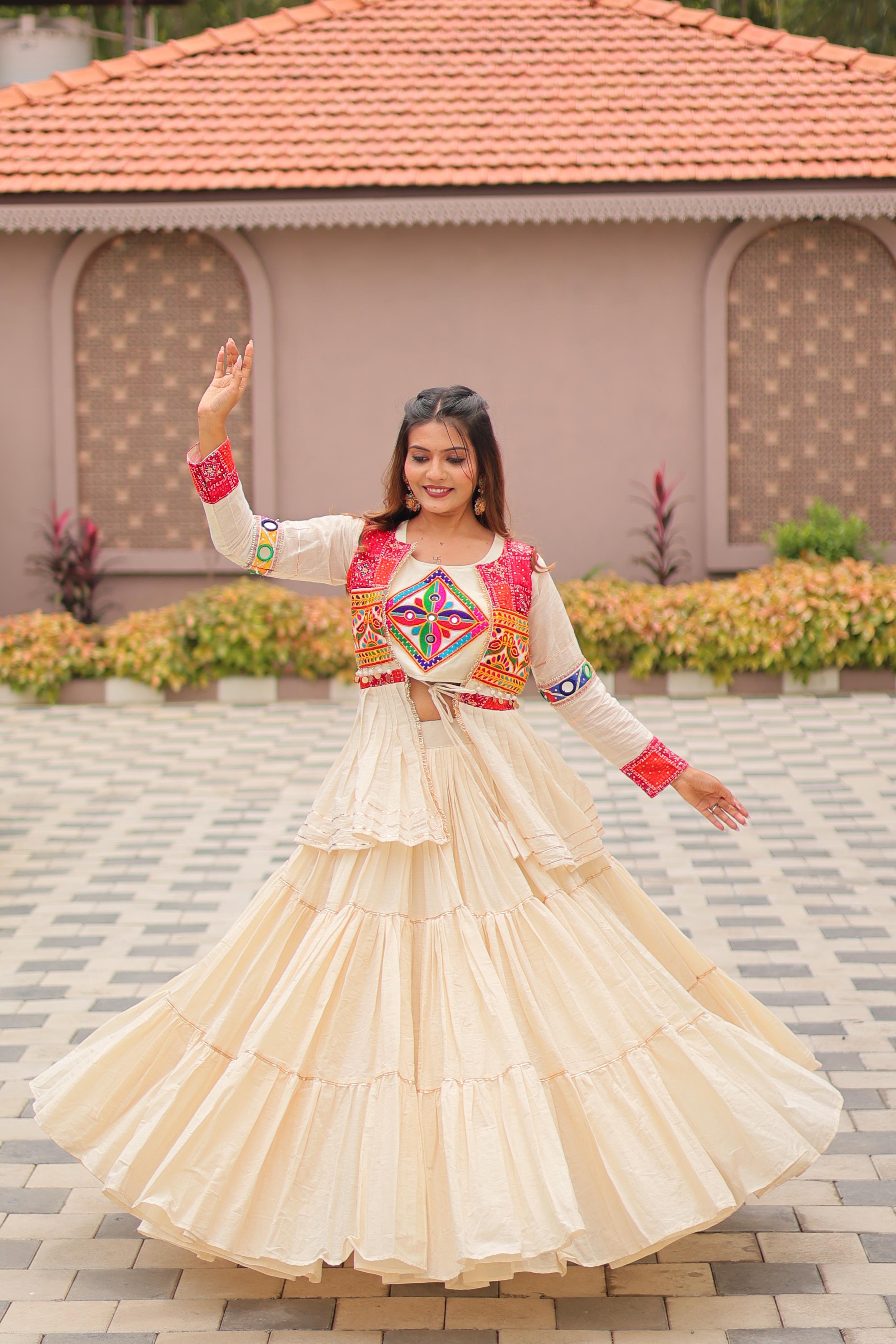 Garba Special: Heavy Cotton Lehenga Choli with Flared Jacket & Gamthi Work