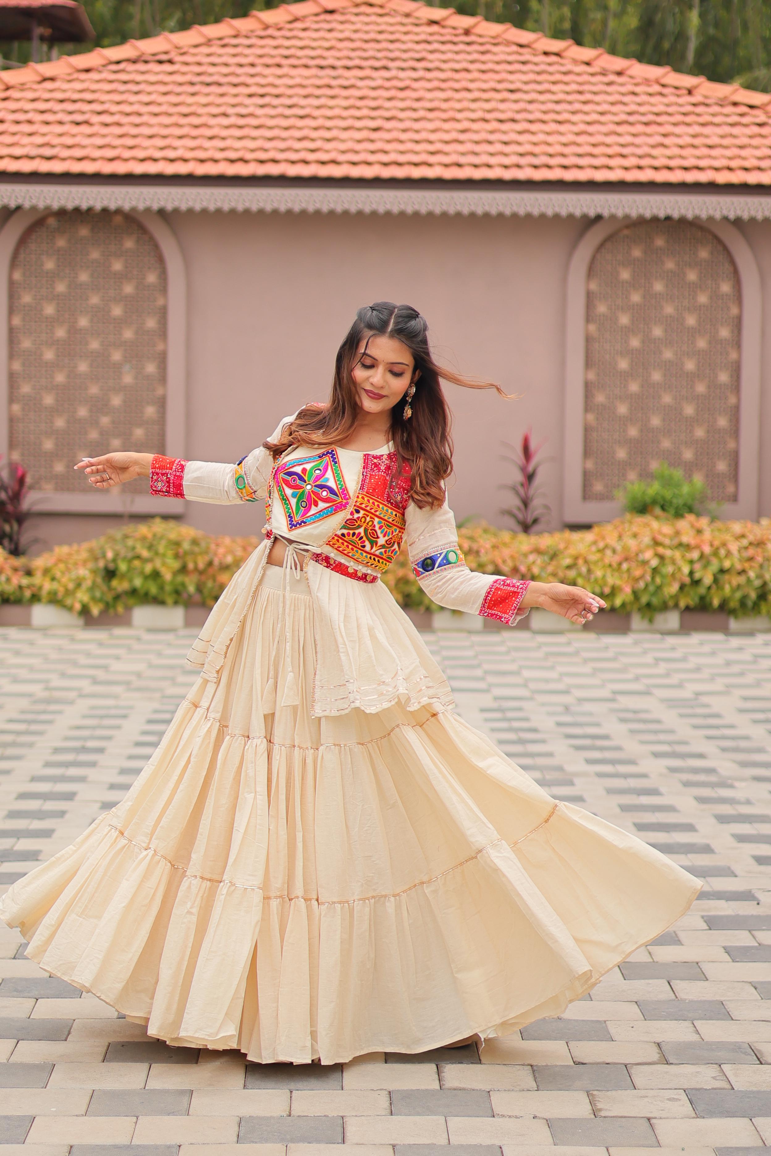 Garba Special: Heavy Cotton Lehenga Choli with Flared Jacket & Gamthi Work