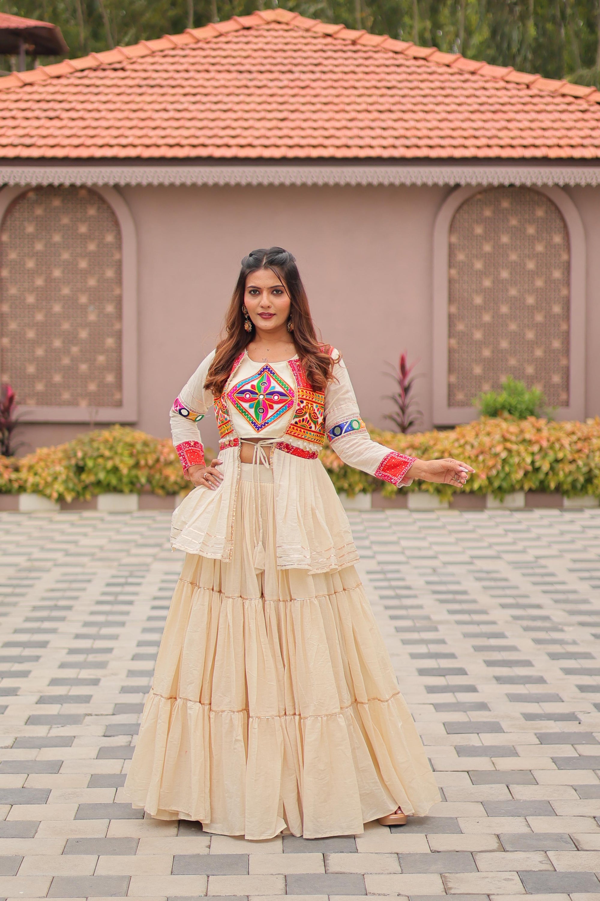 Garba Special: Heavy Cotton Lehenga Choli with Flared Jacket & Gamthi Work