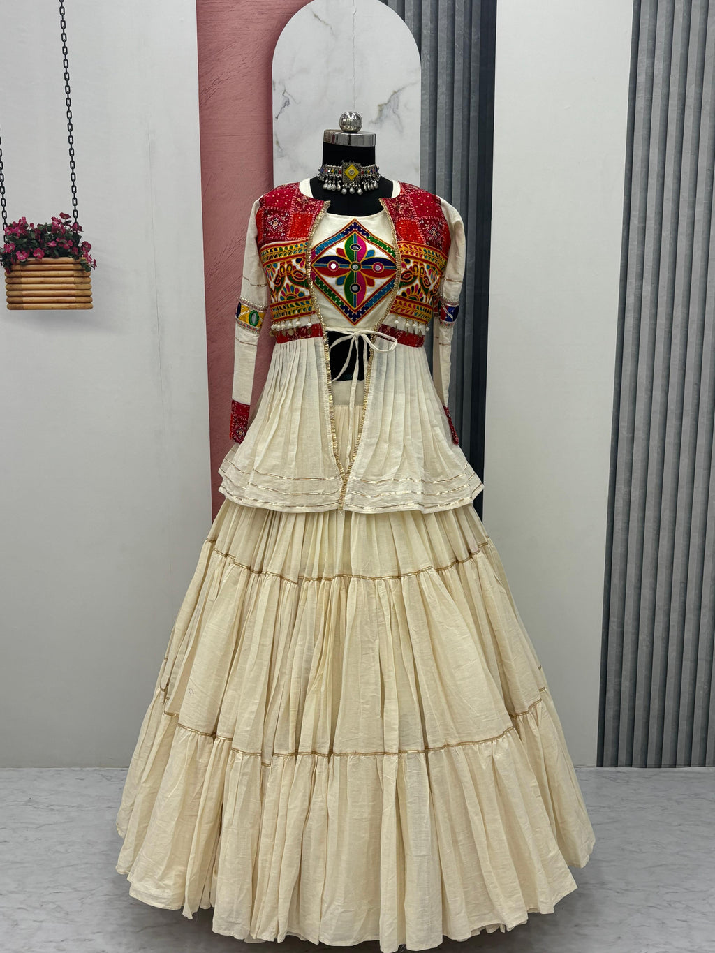 Garba Special: Heavy Cotton Lehenga Choli with Flared Jacket & Gamthi Work