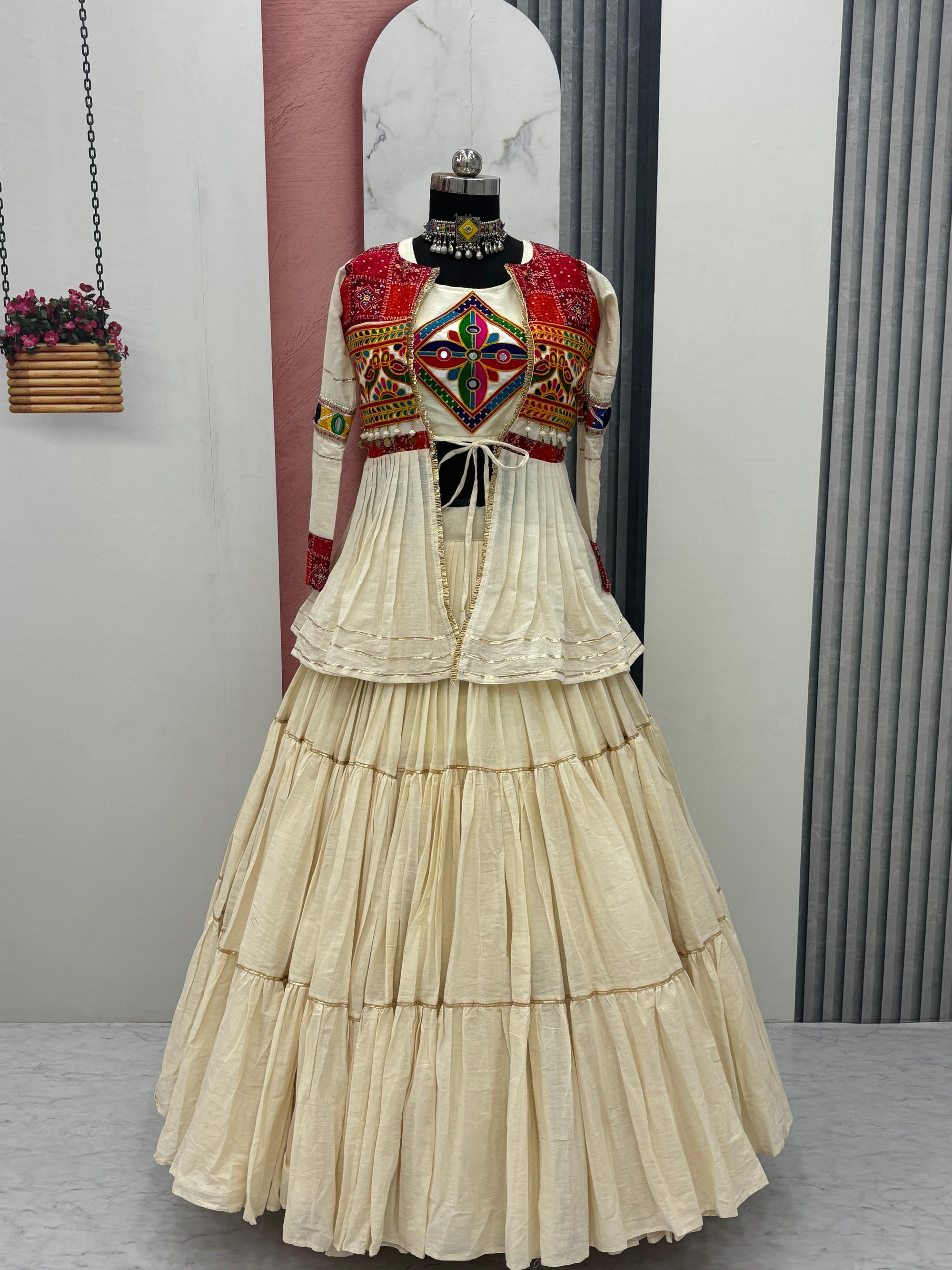 Garba Special: Heavy Cotton Lehenga Choli with Flared Jacket & Gamthi Work