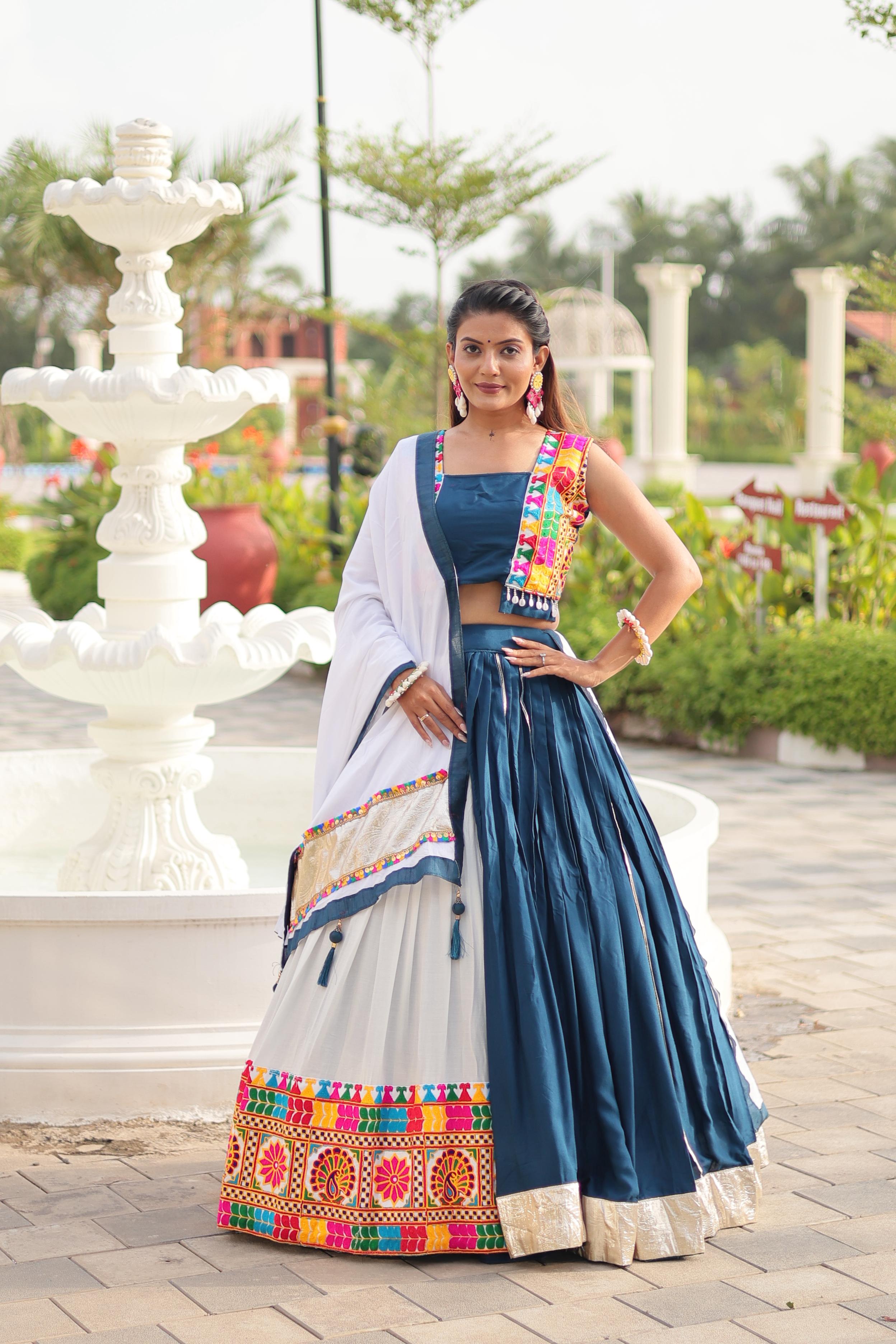 Navratri Collection Teal Blue Cotton Gamthi Work Lehenga Choli