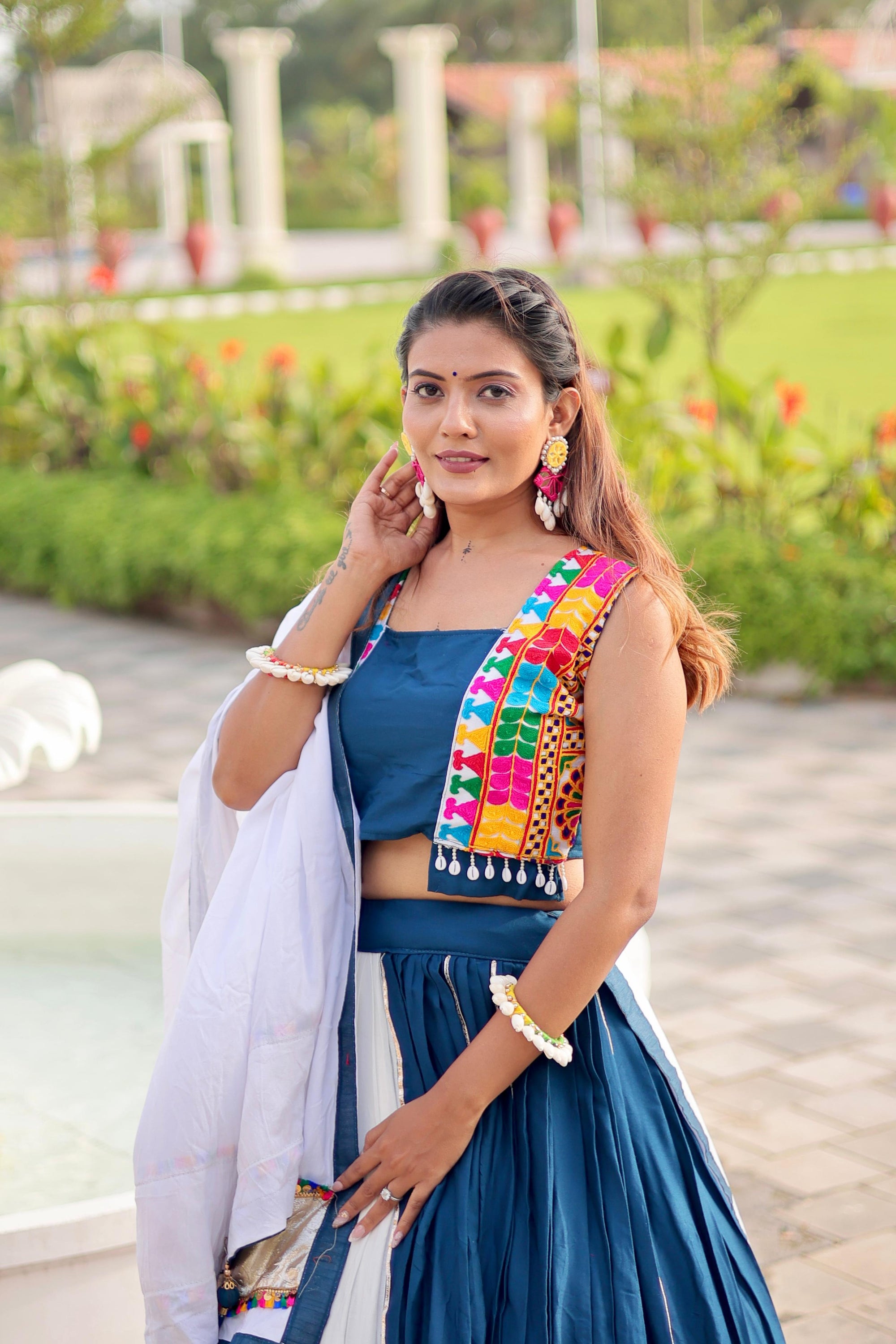 Navratri Collection Teal Blue Cotton Gamthi Work Lehenga Choli