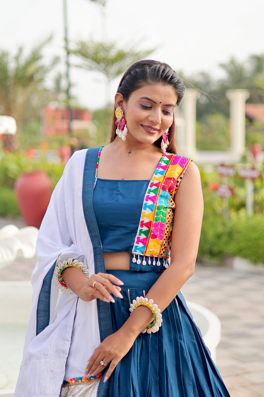 Navratri Collection Teal Blue Cotton Gamthi Work Lehenga Choli