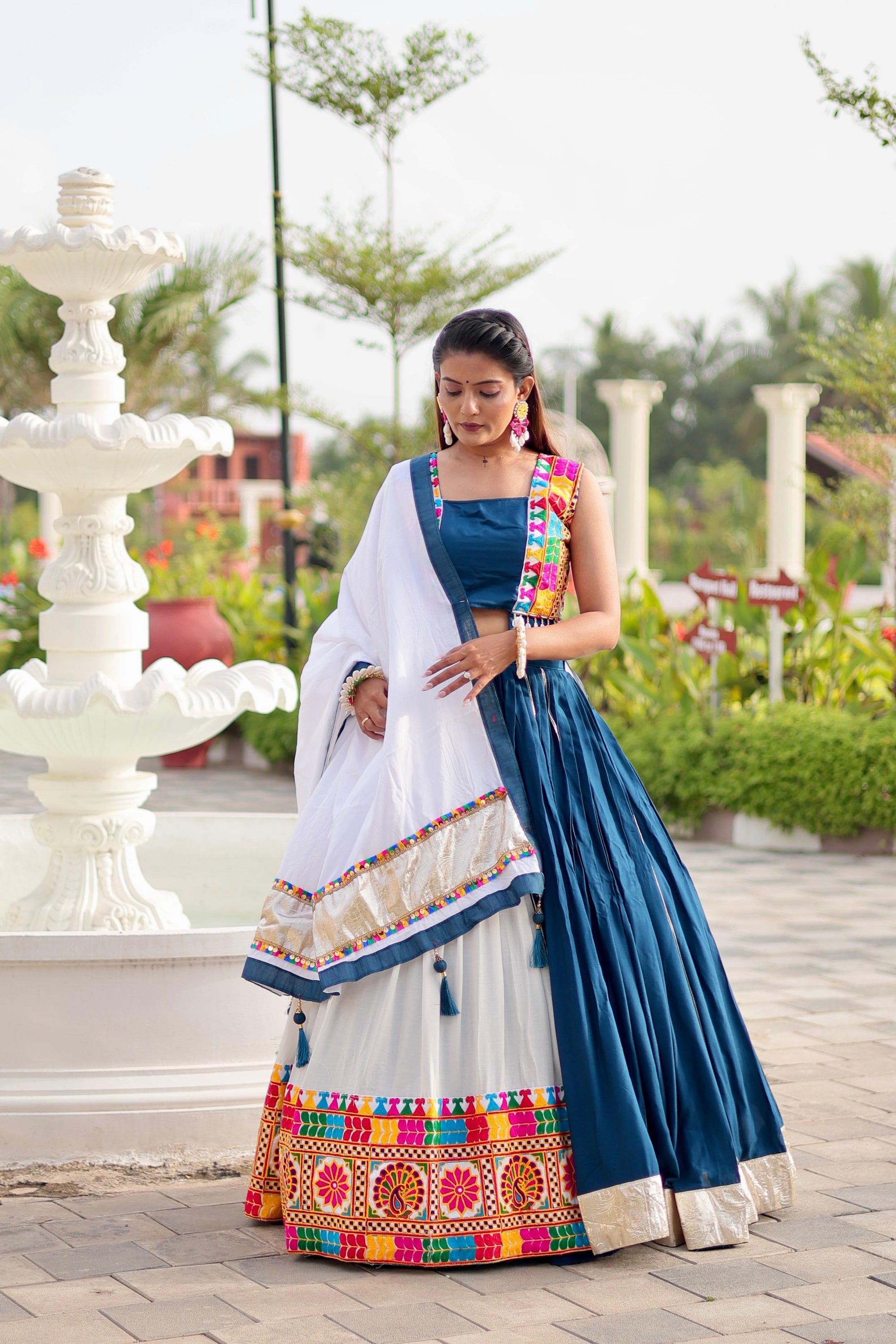 Navratri Collection Teal Blue Cotton Gamthi Work Lehenga Choli