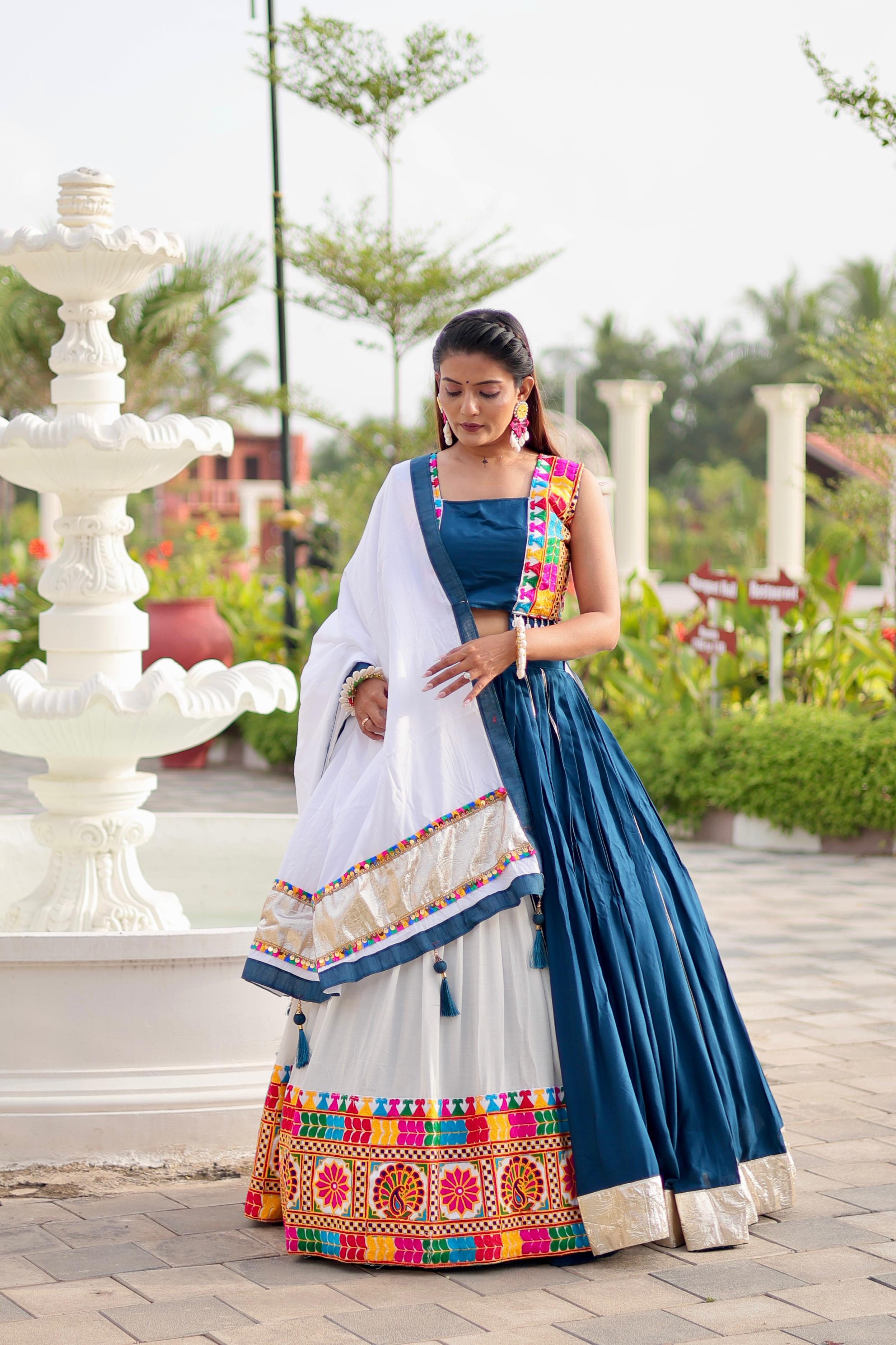 Navratri Collection Teal Blue Cotton Gamthi Work Lehenga Choli