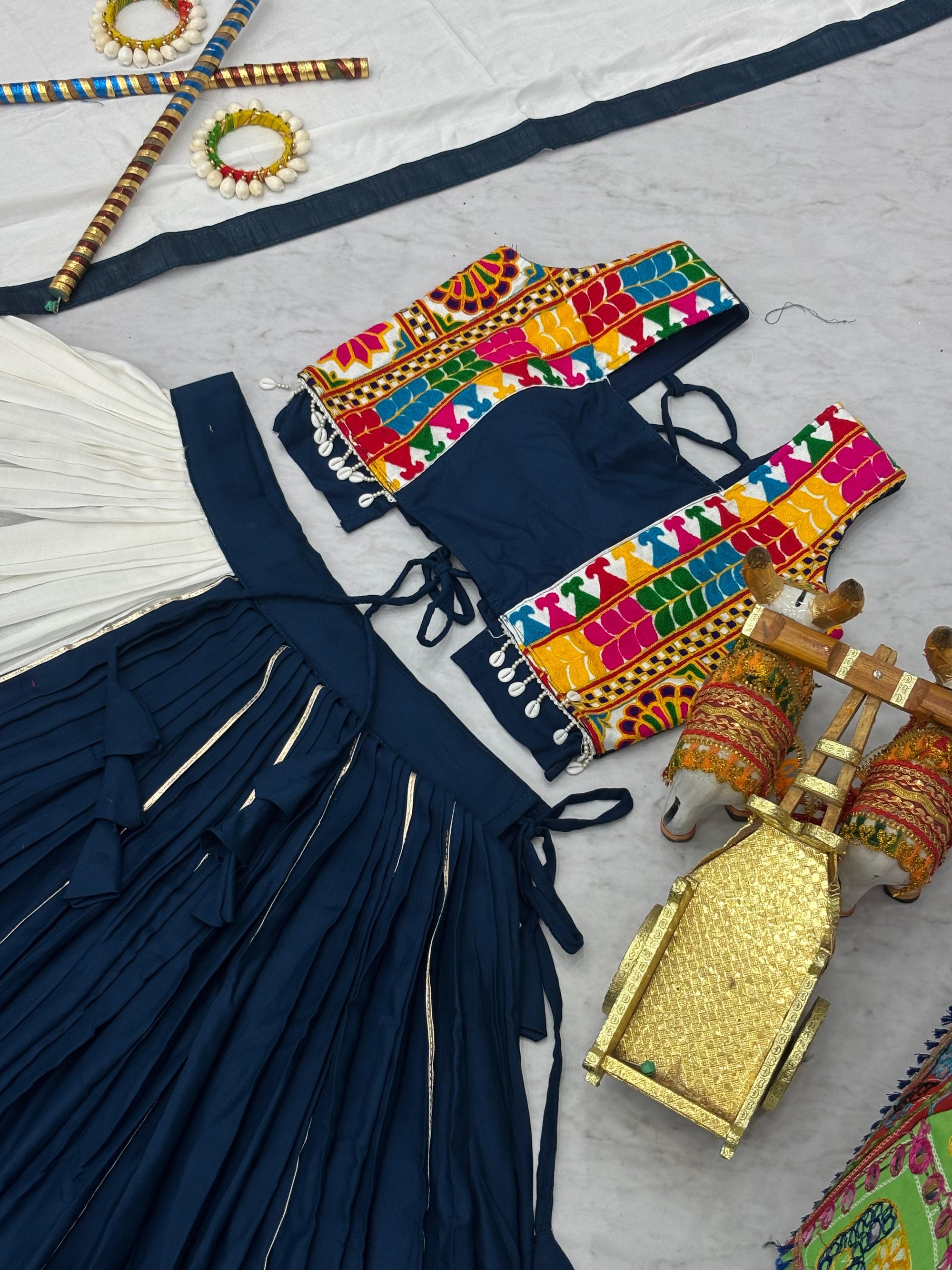 Navratri Collection Teal Blue Cotton Gamthi Work Lehenga Choli