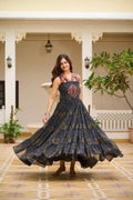 Black Bandhani Georgette Gown with Real Mirror Codi Lace Garba Night Statement Look