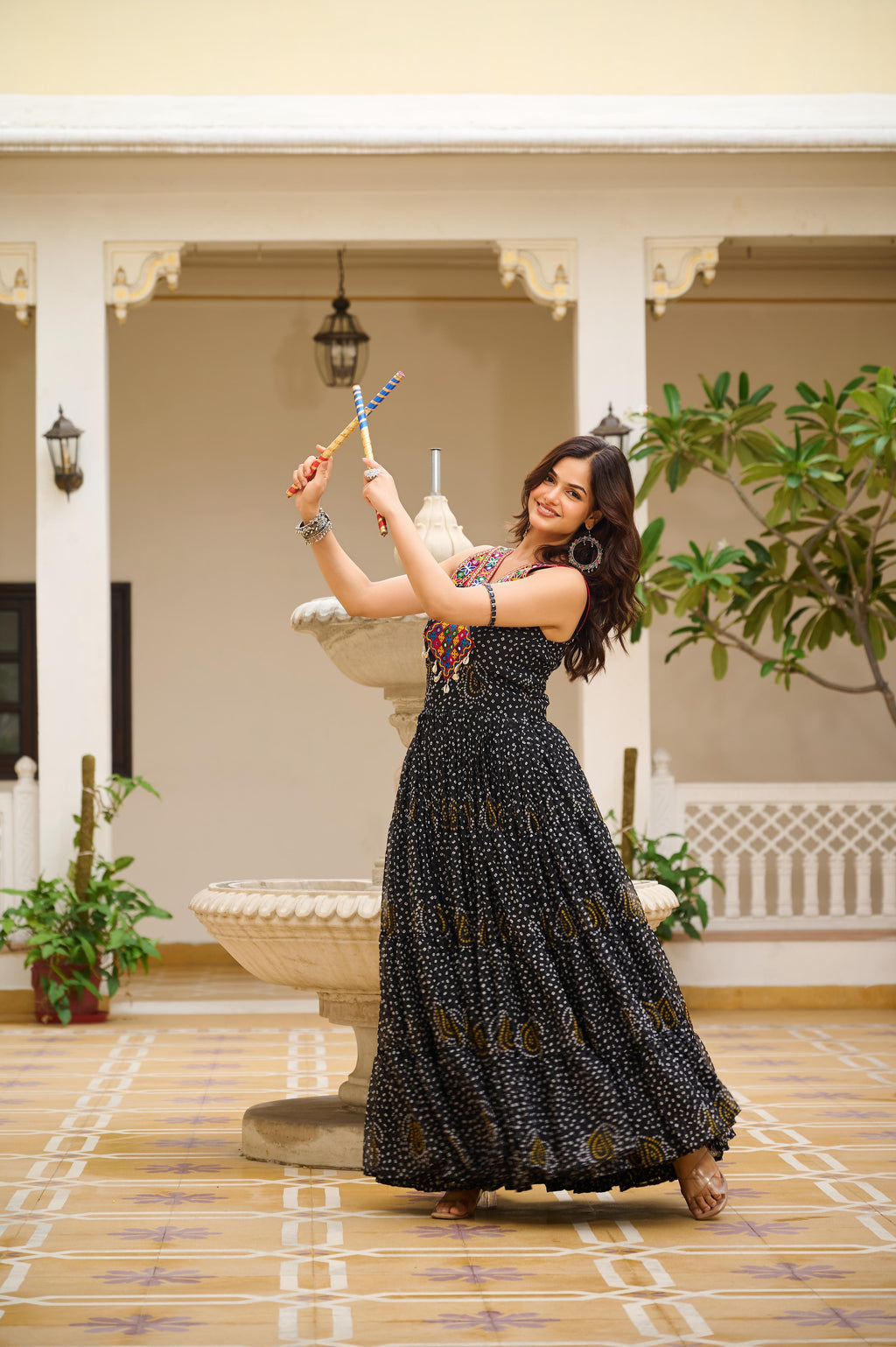 Black Bandhani Georgette Gown with Real Mirror Codi Lace Garba Night Statement Look