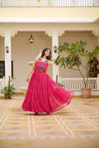 3 Pink Bandhani Mirror Work Gown Fully Stitched Festive Outfit for Ras Garba Nights