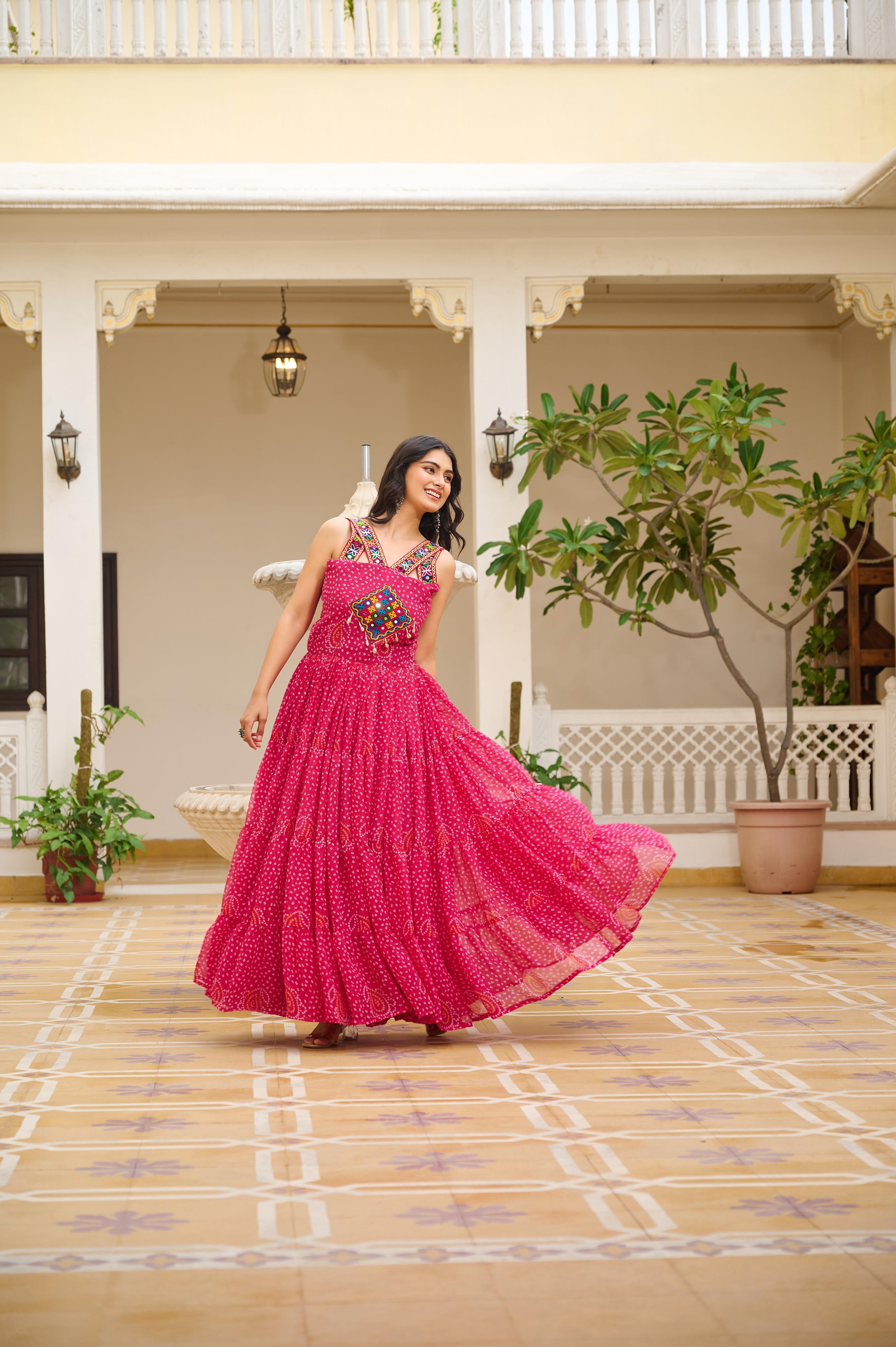 3 Pink Bandhani Mirror Work Gown Fully Stitched Festive Outfit for Ras Garba Nights