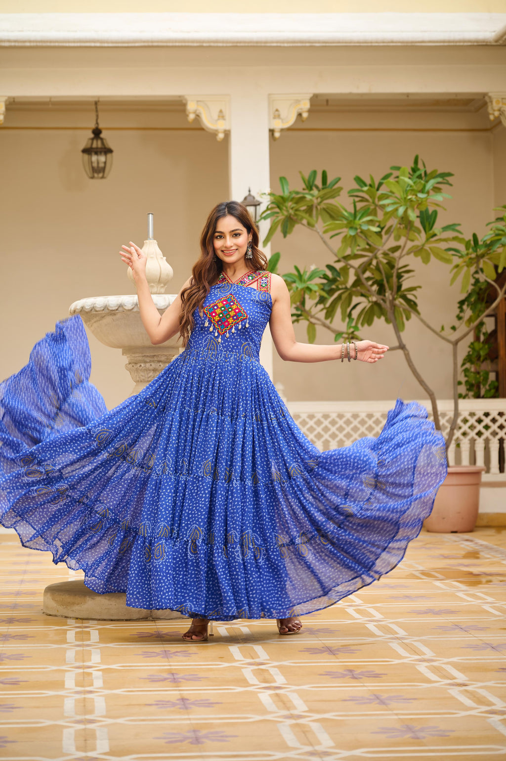 Royal Blue Georgette Gown with Gamathi Work Ideal for Dandiya Celebrations