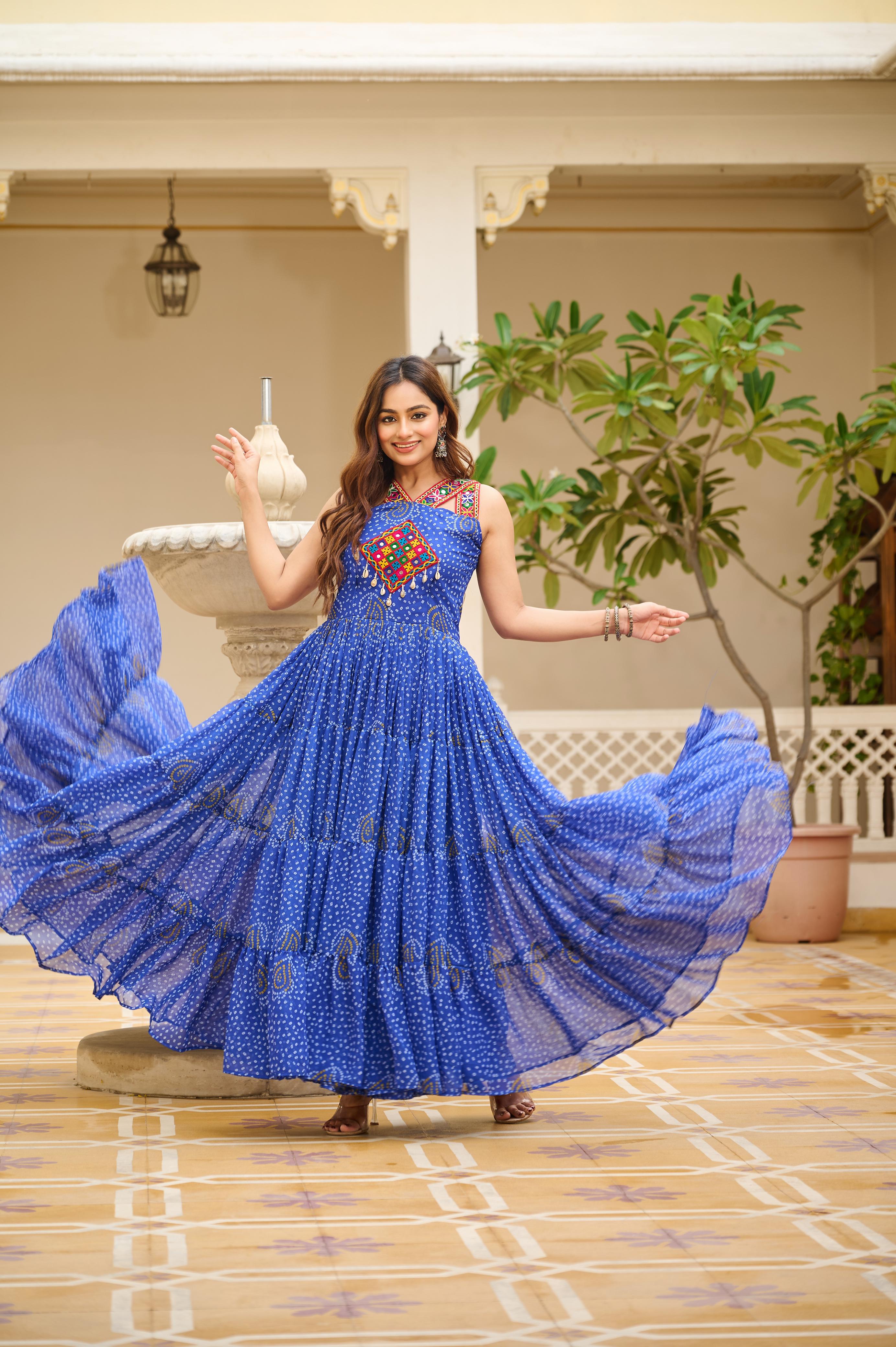 Royal Blue Georgette Gown with Gamathi Work Ideal for Dandiya Celebrations