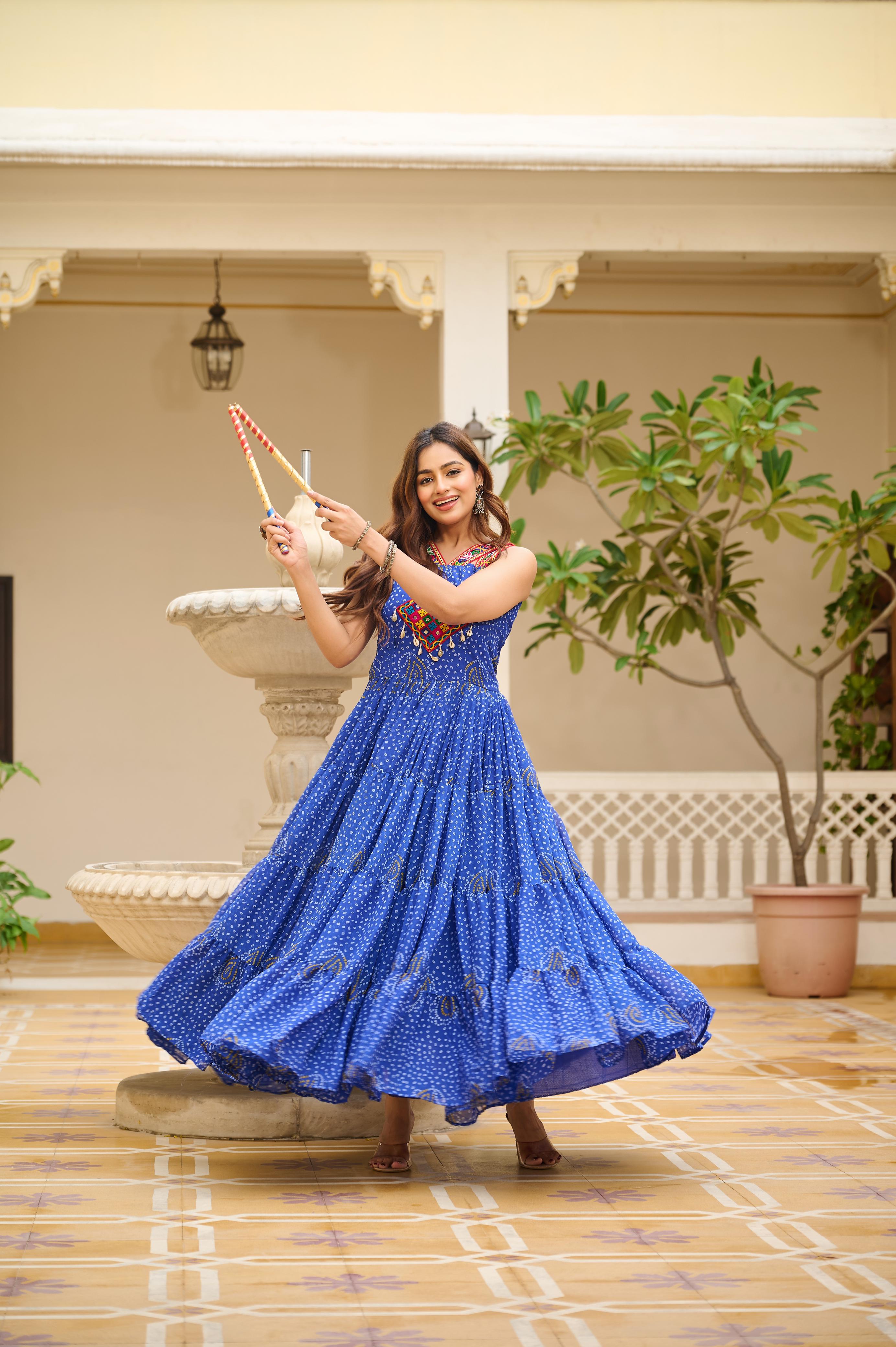 Royal Blue Georgette Gown with Gamathi Work Ideal for Dandiya Celebrations