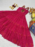 3 Pink Bandhani Mirror Work Gown Fully Stitched Festive Outfit for Ras Garba Nights