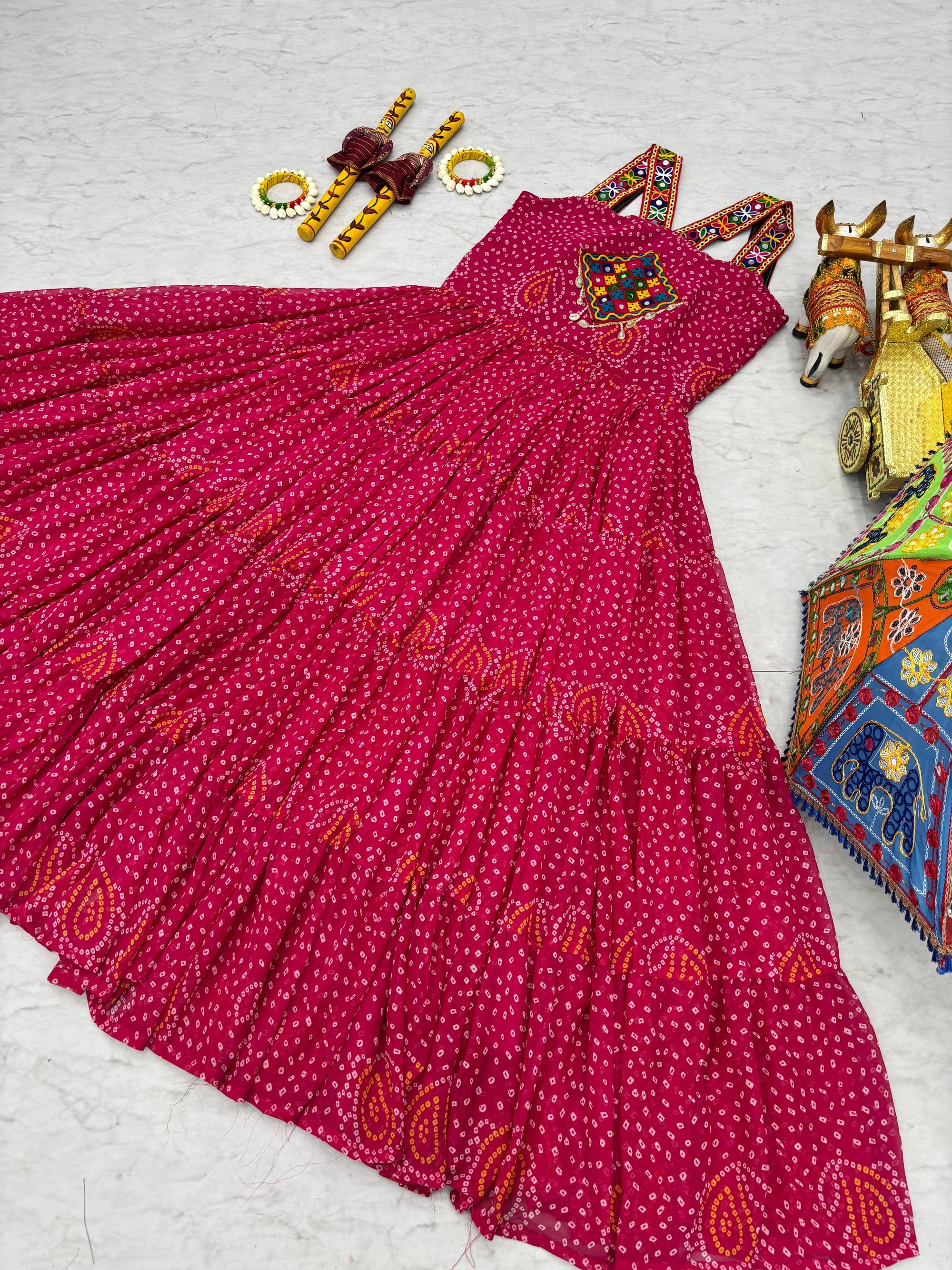 3 Pink Bandhani Mirror Work Gown Fully Stitched Festive Outfit for Ras Garba Nights