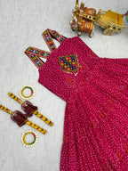 3 Pink Bandhani Mirror Work Gown Fully Stitched Festive Outfit for Ras Garba Nights
