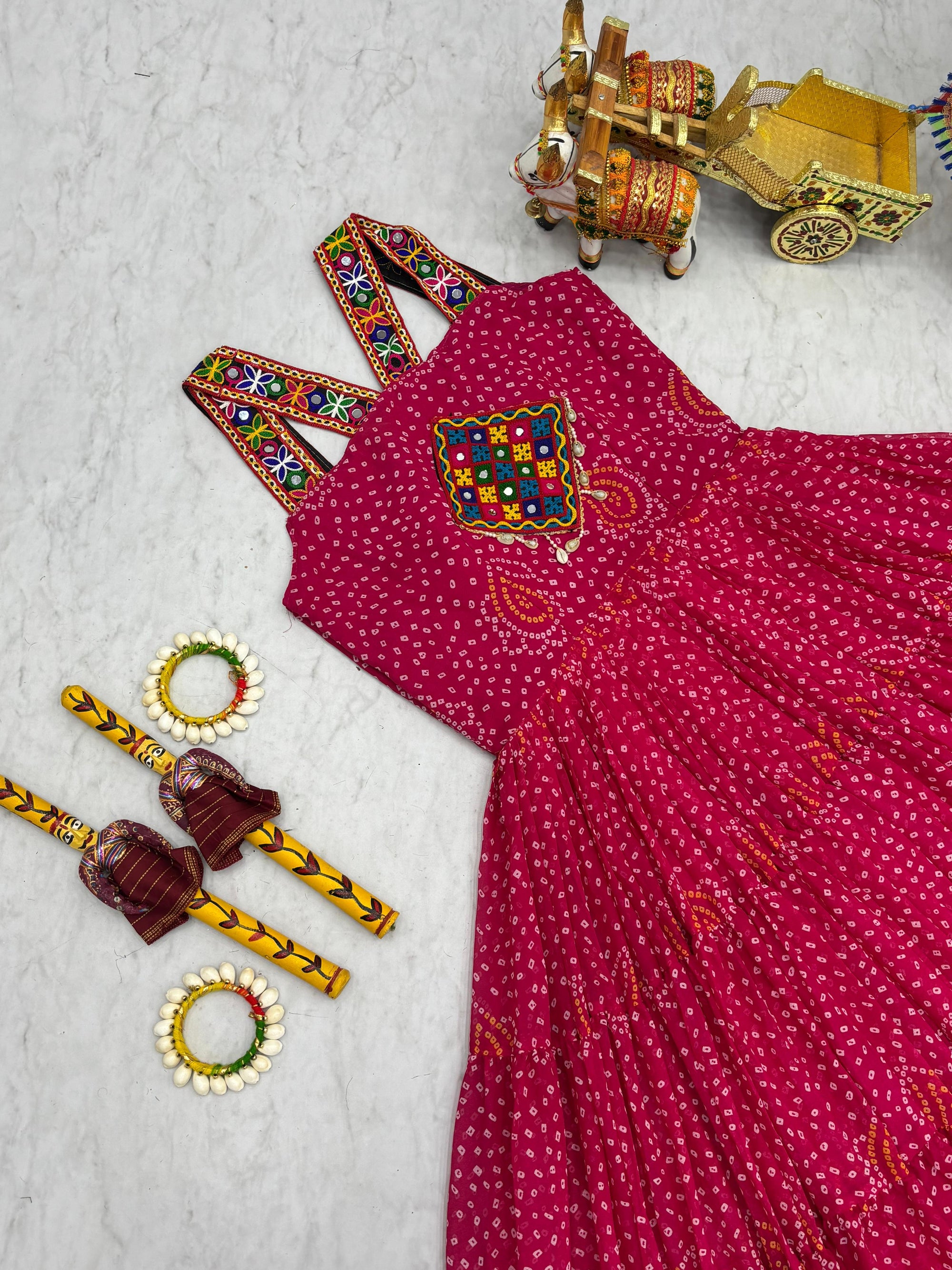 3 Pink Bandhani Mirror Work Gown Fully Stitched Festive Outfit for Ras Garba Nights