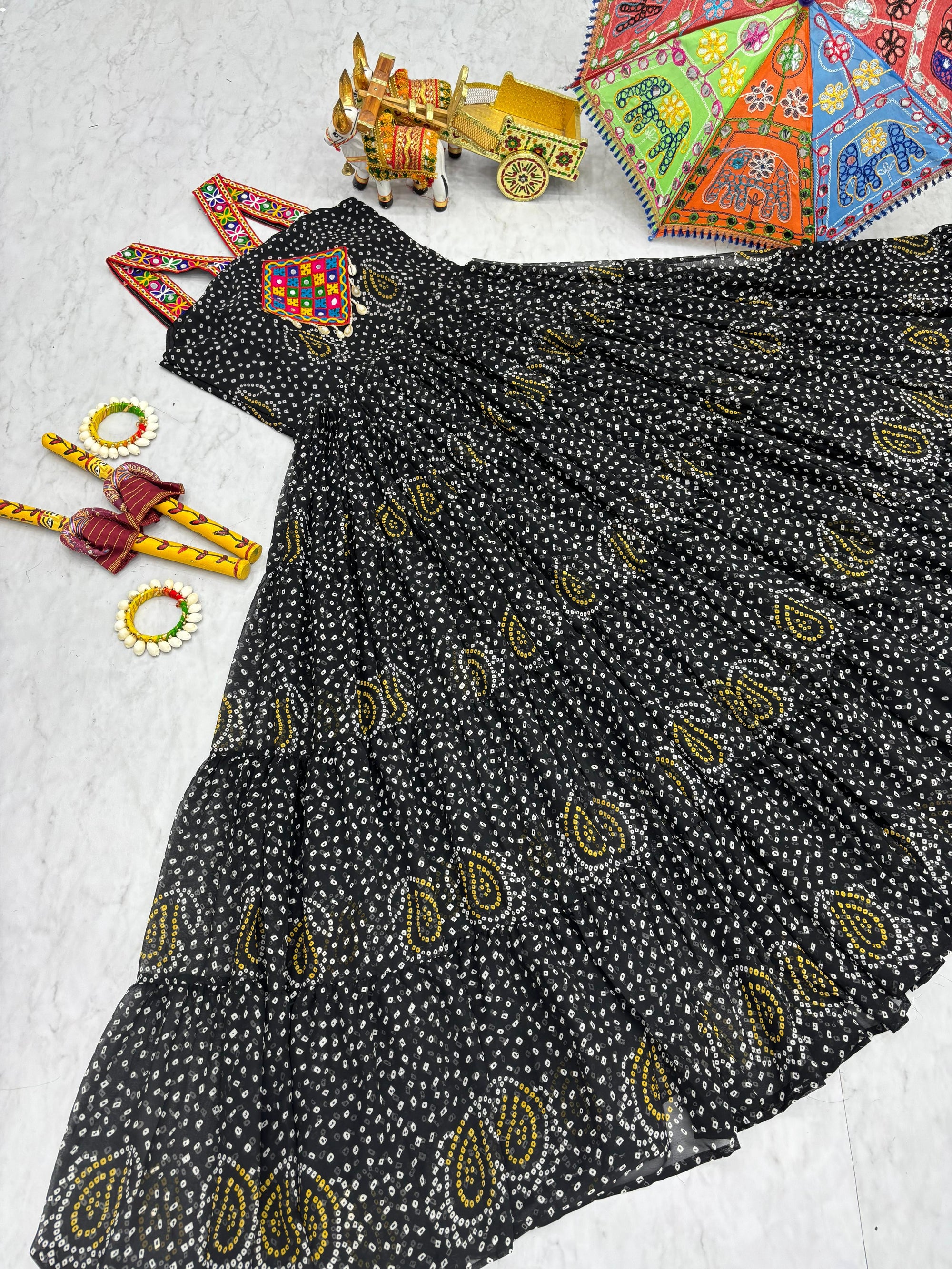 Black Bandhani Georgette Gown with Real Mirror Codi Lace Garba Night Statement Look