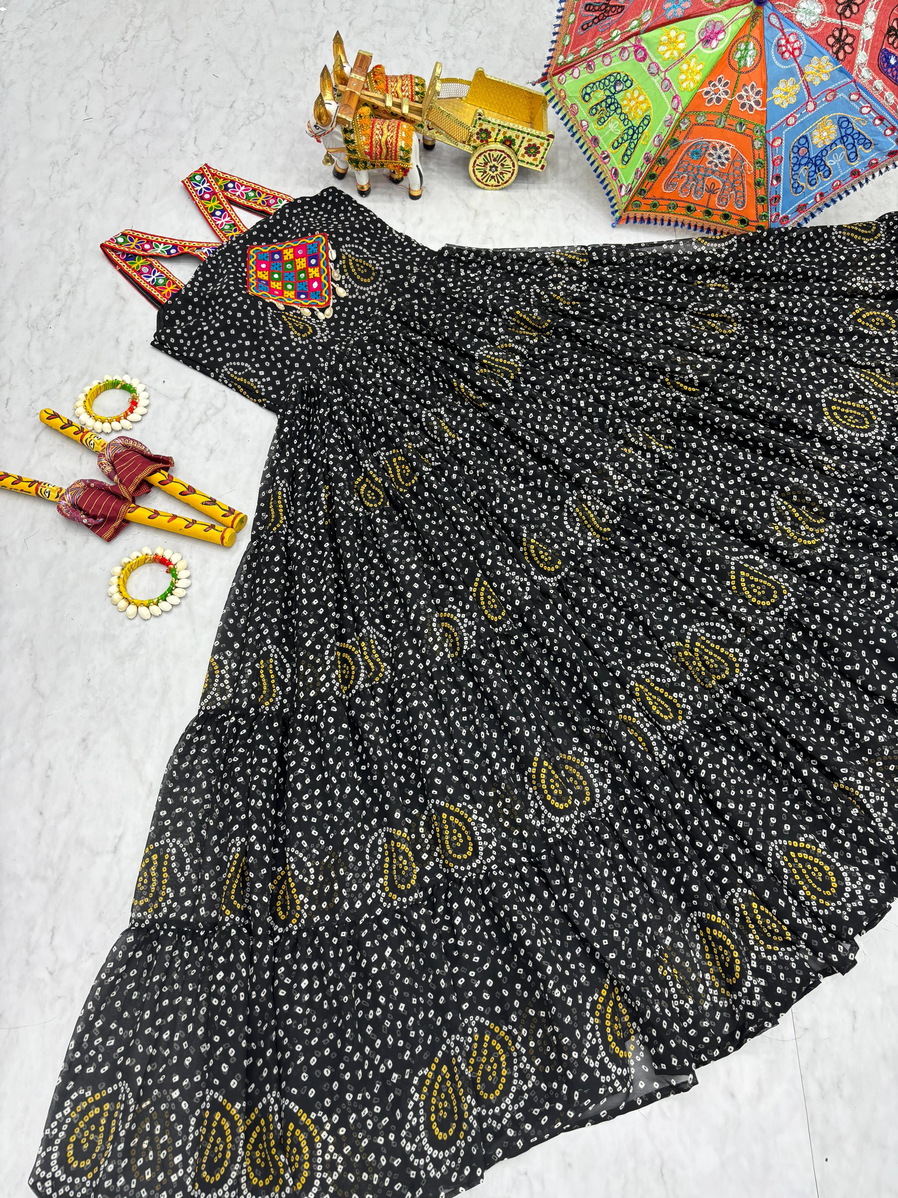 Black Bandhani Georgette Gown with Real Mirror Codi Lace Garba Night Statement Look