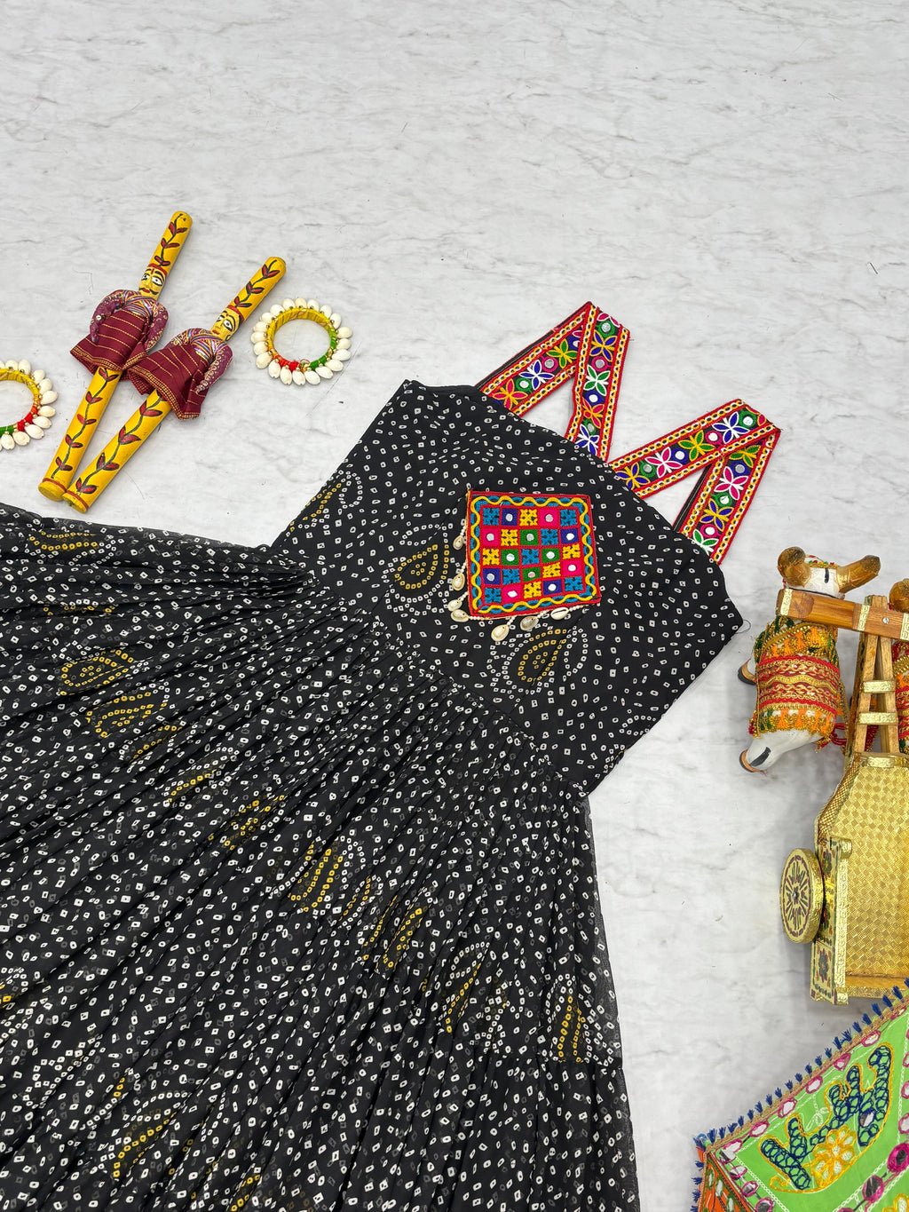 Black Bandhani Georgette Gown with Real Mirror Codi Lace Garba Night Statement Look