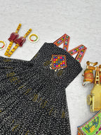 Black Bandhani Georgette Gown with Real Mirror Codi Lace Garba Night Statement Look