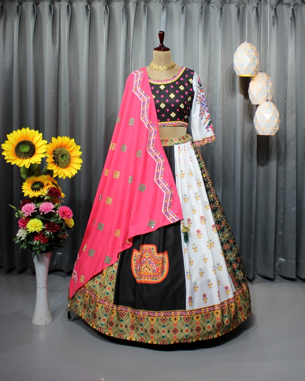 Black White Soft Butter Silk Chaniya Choli | Fancy Digital with Real Mirror Work for Traditional Wear