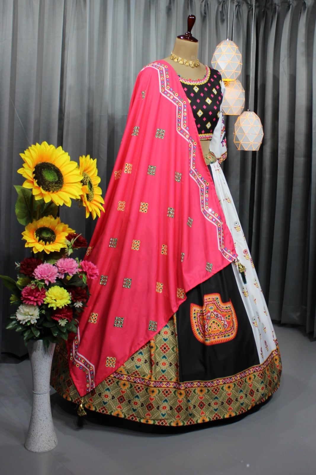 Black White Soft Butter Silk Chaniya Choli | Fancy Digital with Real Mirror Work for Traditional Wear