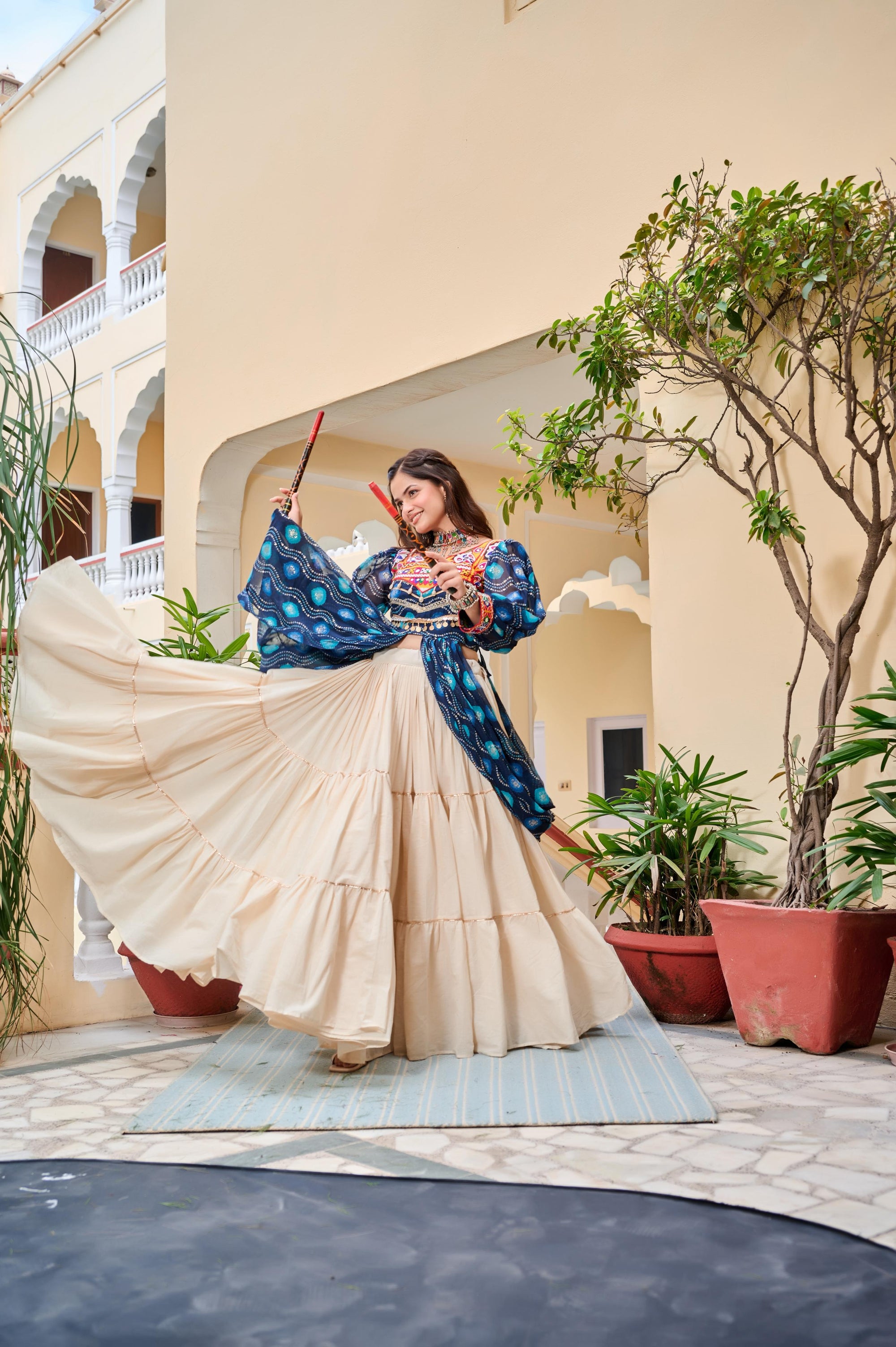 Blue Navratri Lehenga With Fancy Top With Gamthi Patch and Mirror Lace