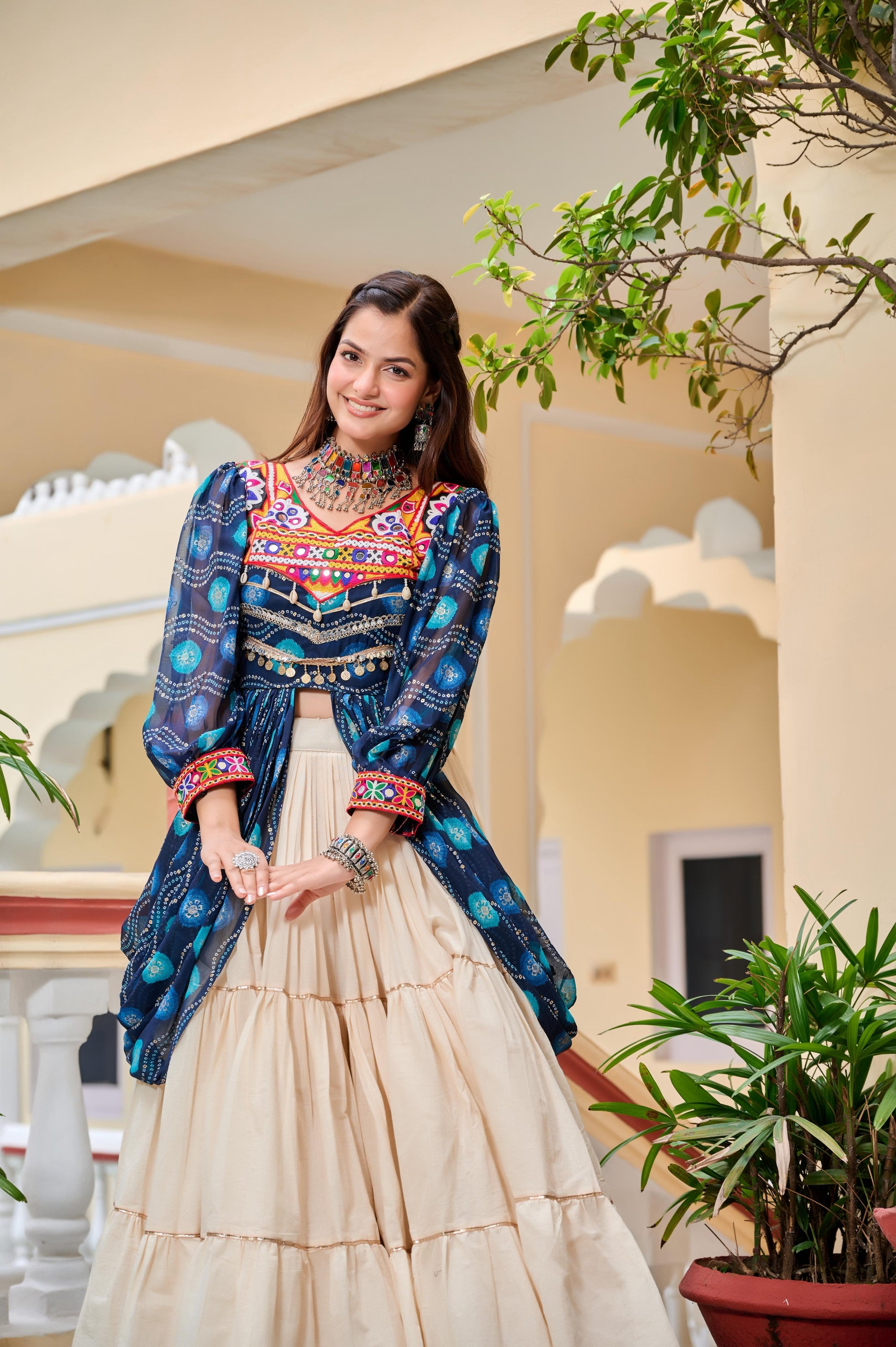 Blue Navratri Lehenga With Fancy Top With Gamthi Patch and Mirror Lace