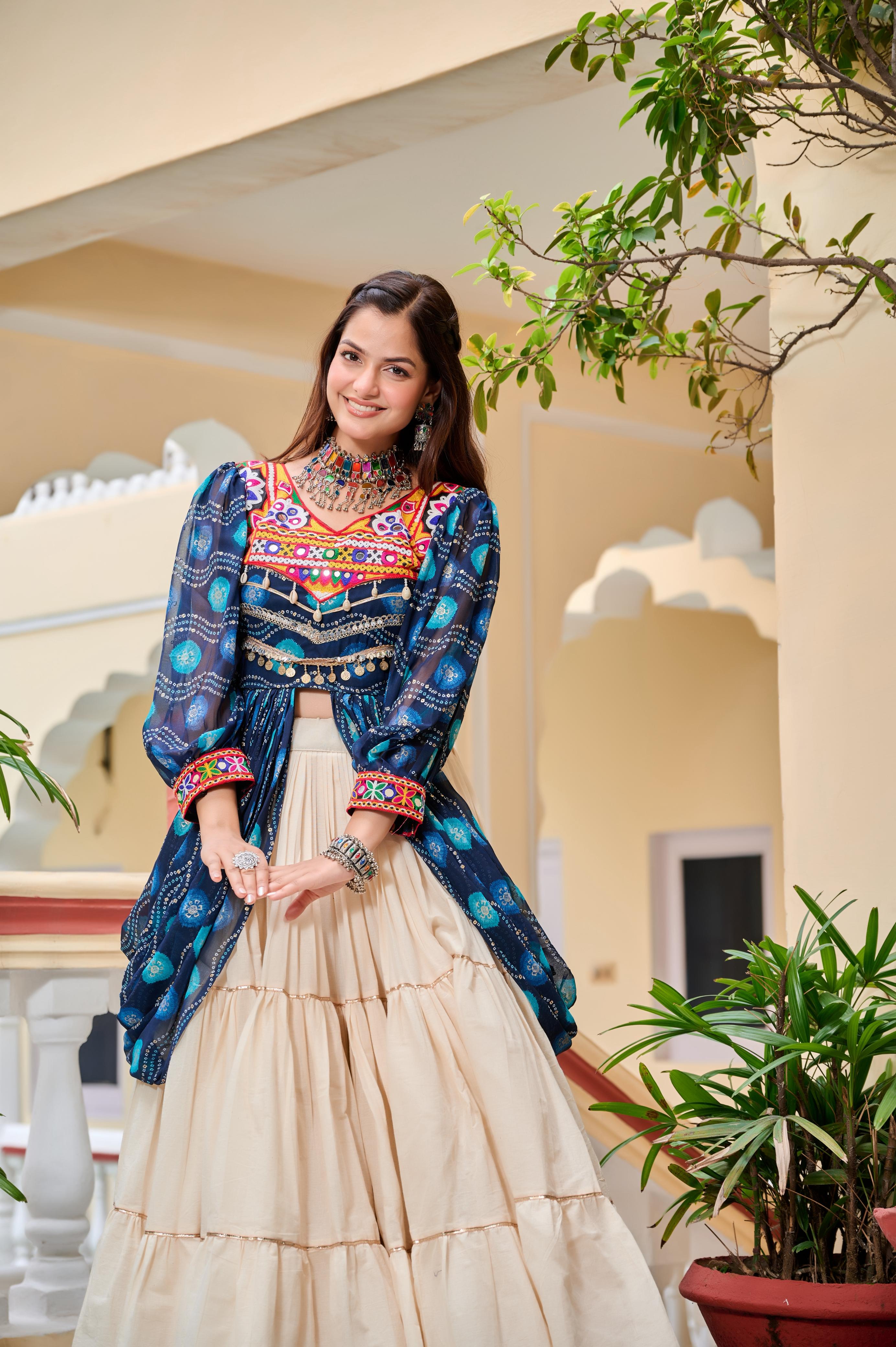 Blue Navratri Lehenga With Fancy Top With Gamthi Patch and Mirror Lace