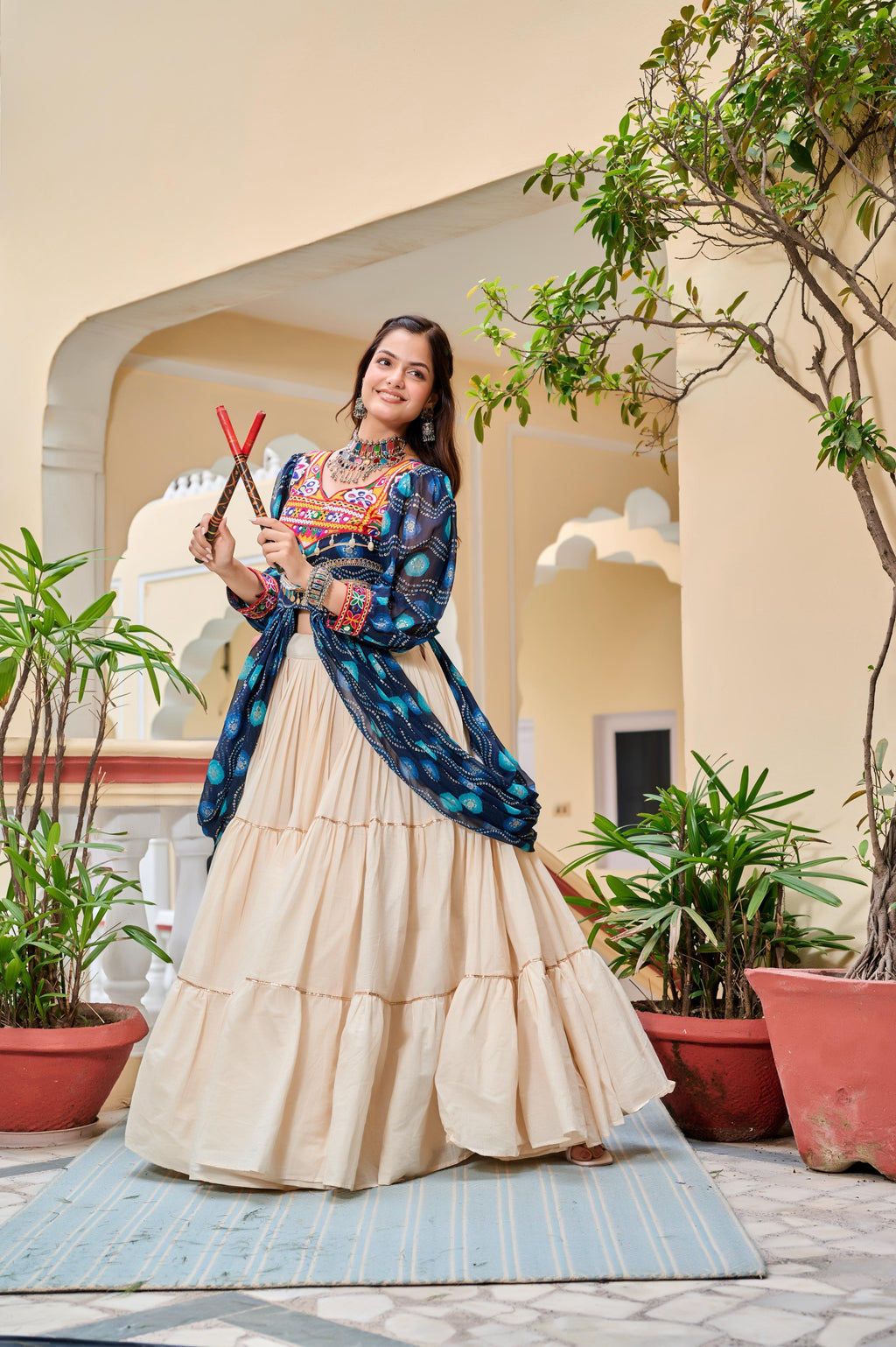 Blue Navratri Lehenga With Fancy Top With Gamthi Patch and Mirror Lace
