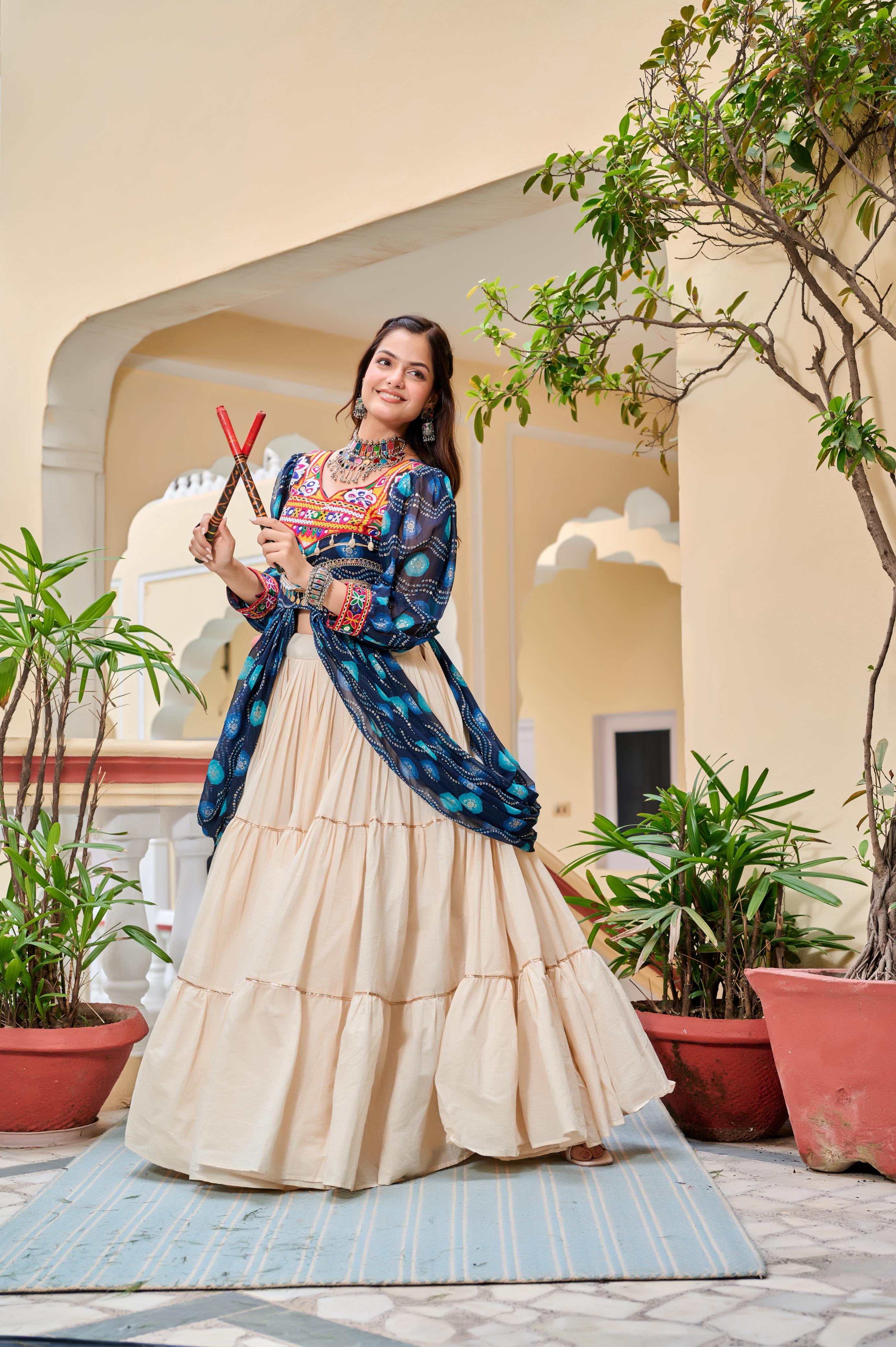Blue Navratri Lehenga With Fancy Top With Gamthi Patch and Mirror Lace