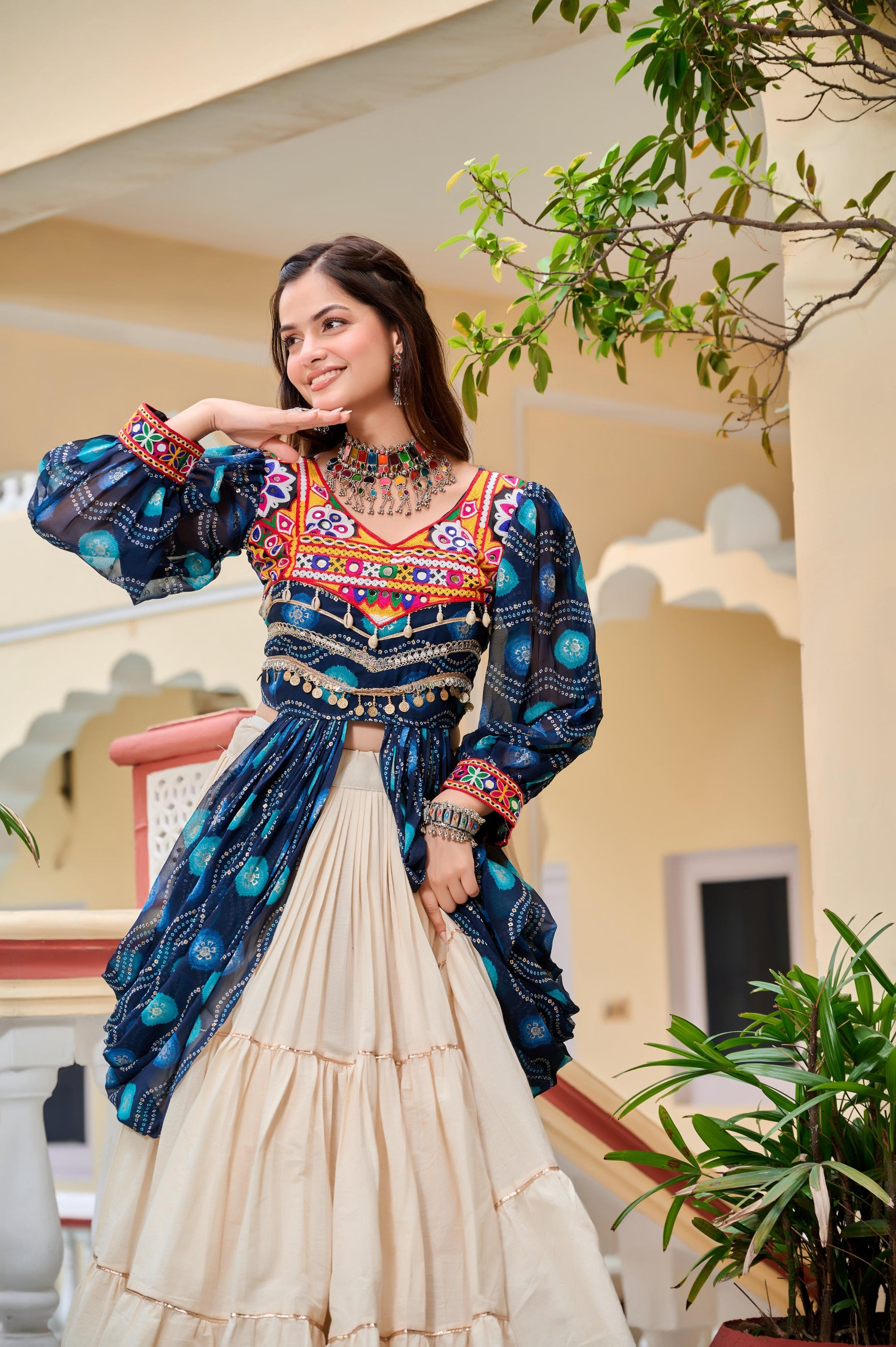 Blue Navratri Lehenga With Fancy Top With Gamthi Patch and Mirror Lace