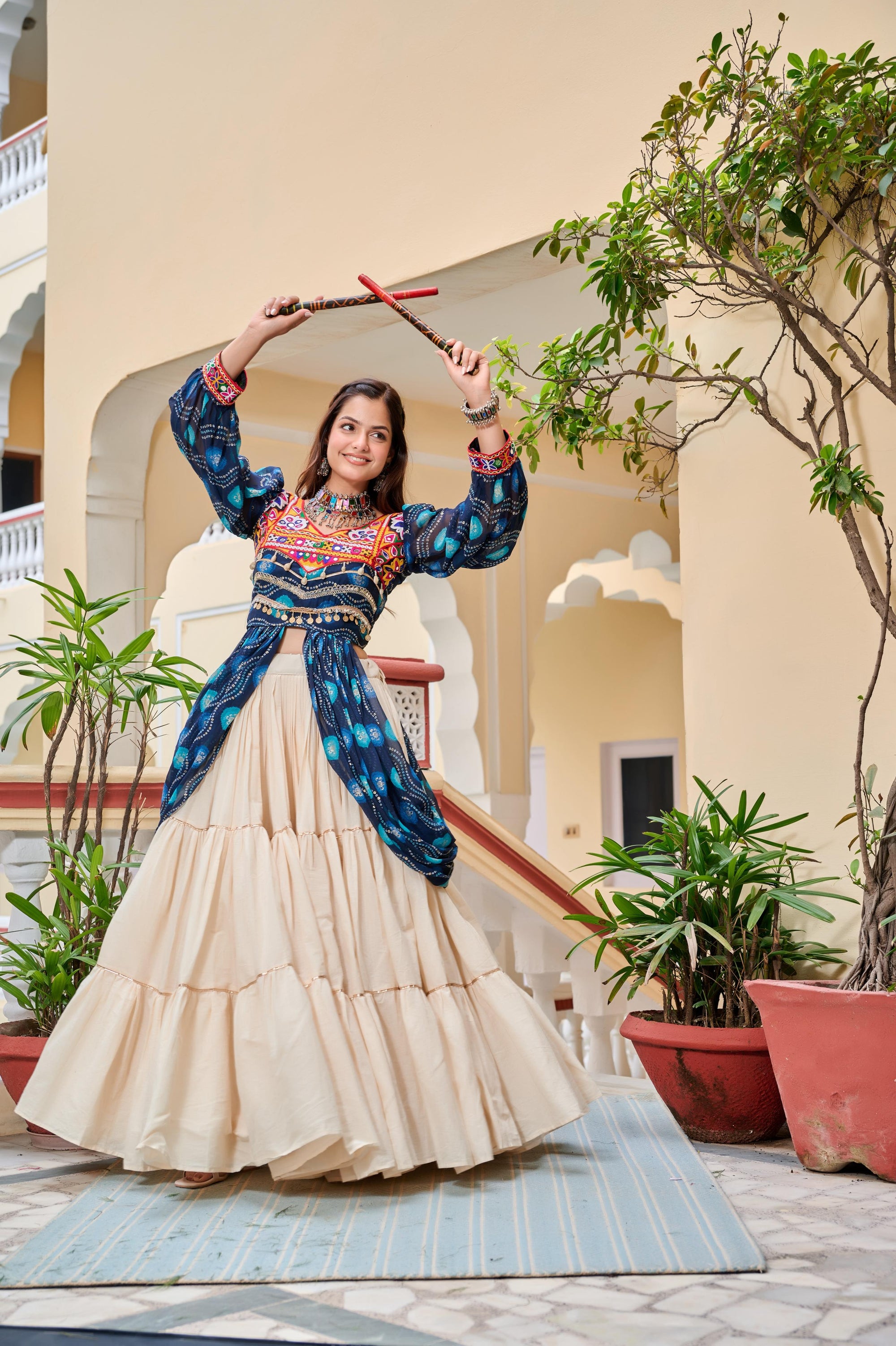 Blue Navratri Lehenga With Fancy Top With Gamthi Patch and Mirror Lace