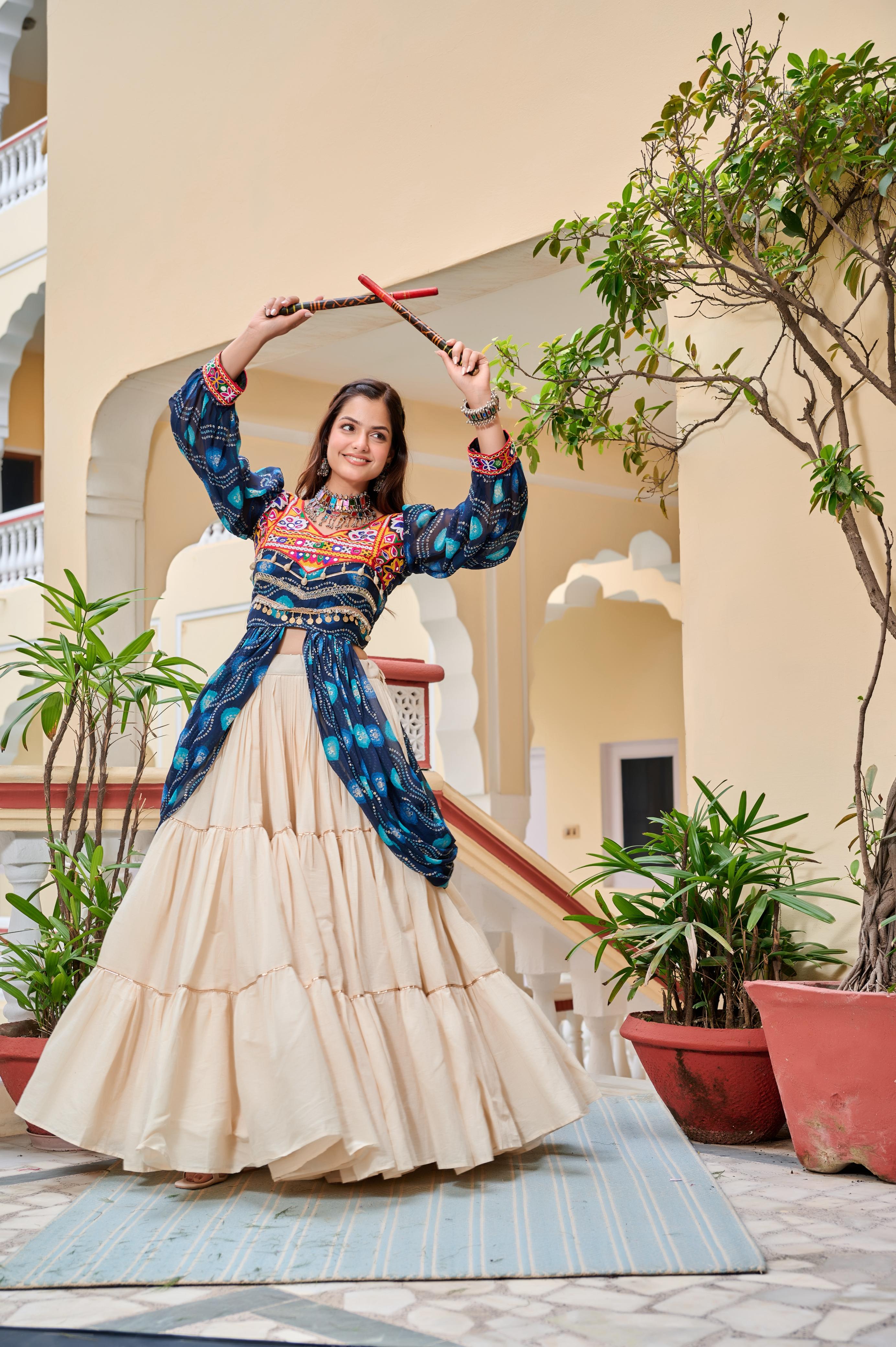 Blue Navratri Lehenga With Fancy Top With Gamthi Patch and Mirror Lace
