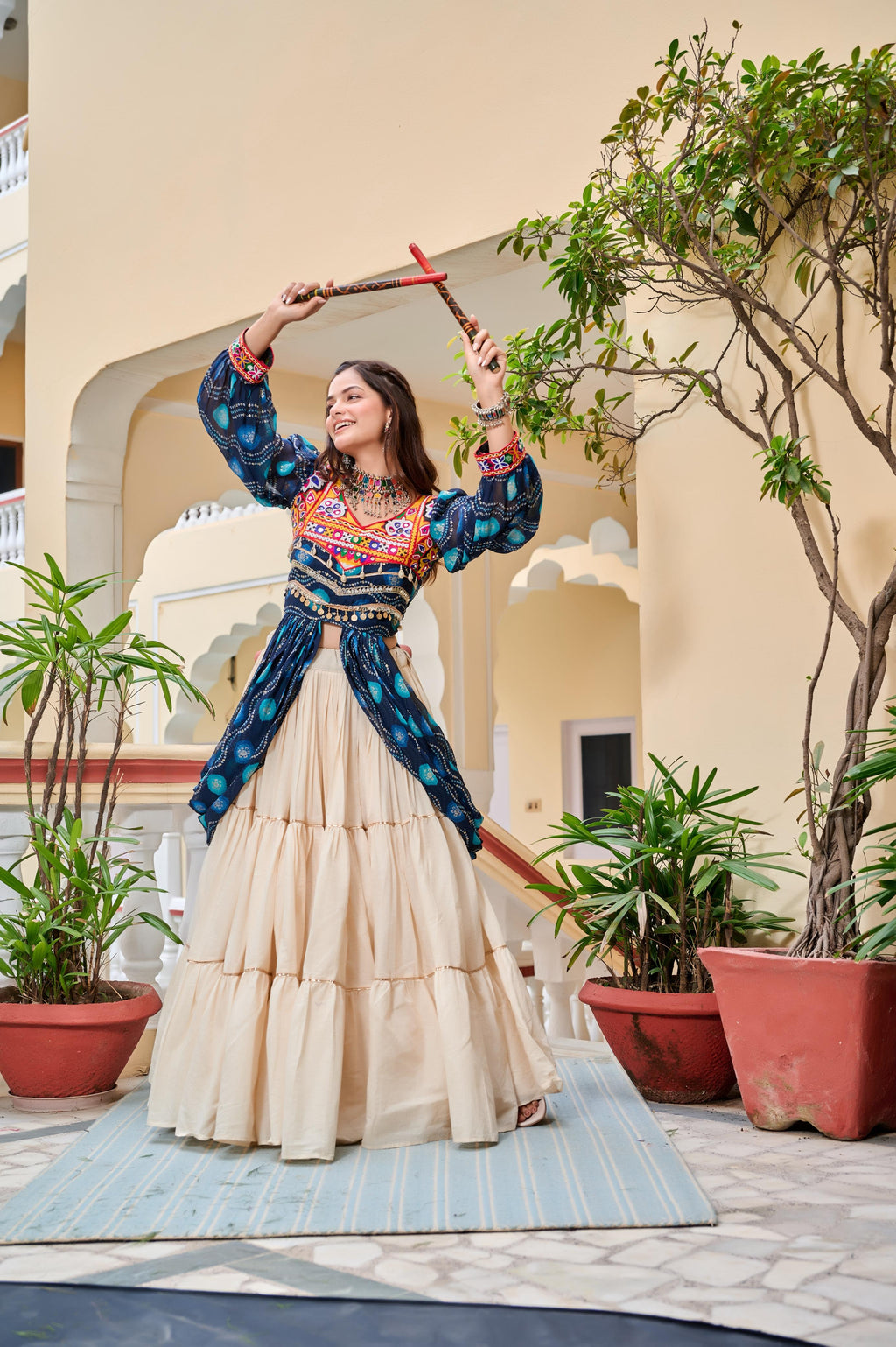 Blue Navratri Lehenga With Fancy Top With Gamthi Patch and Mirror Lace